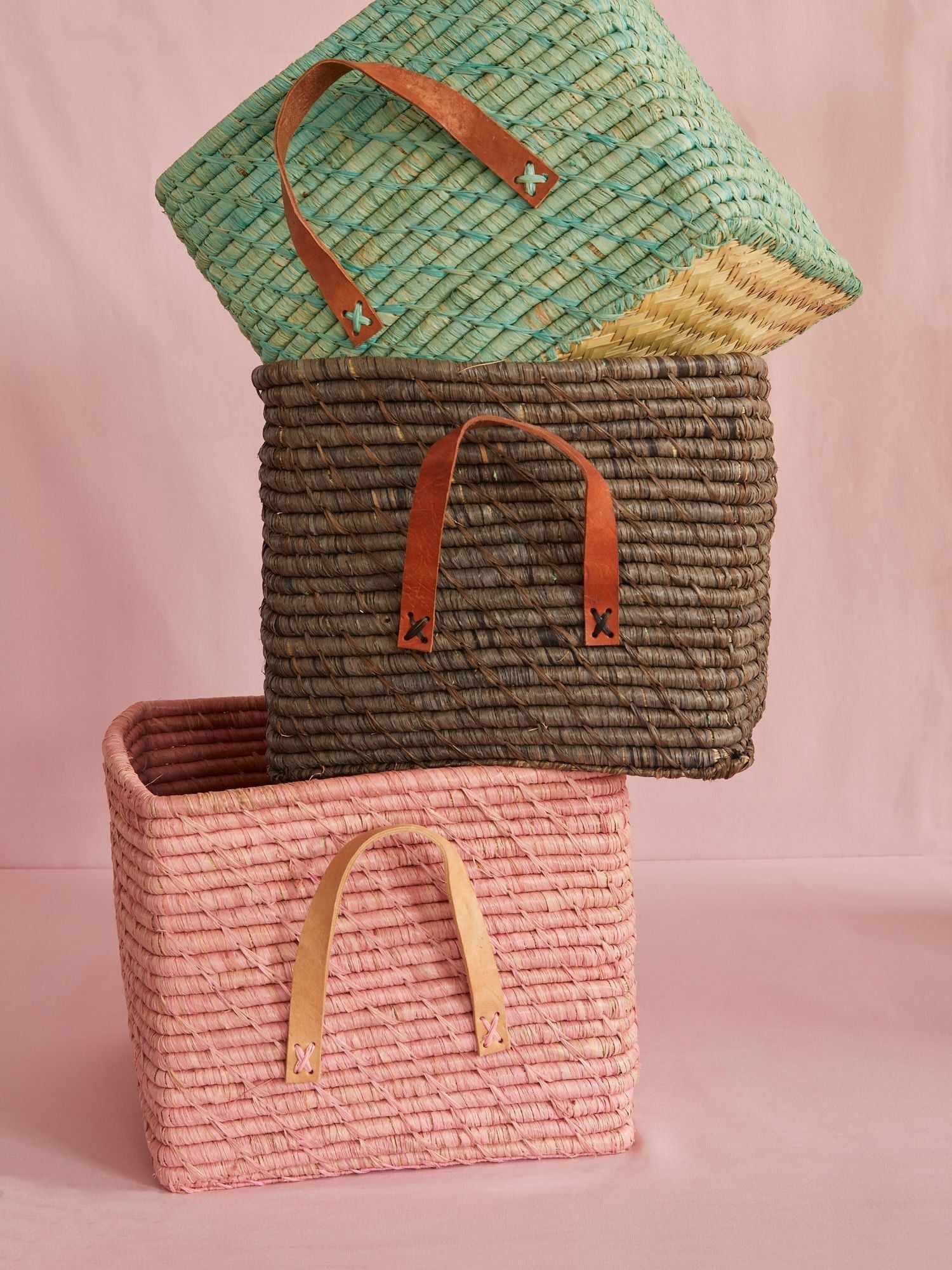 Square Raffia Basket - Mint