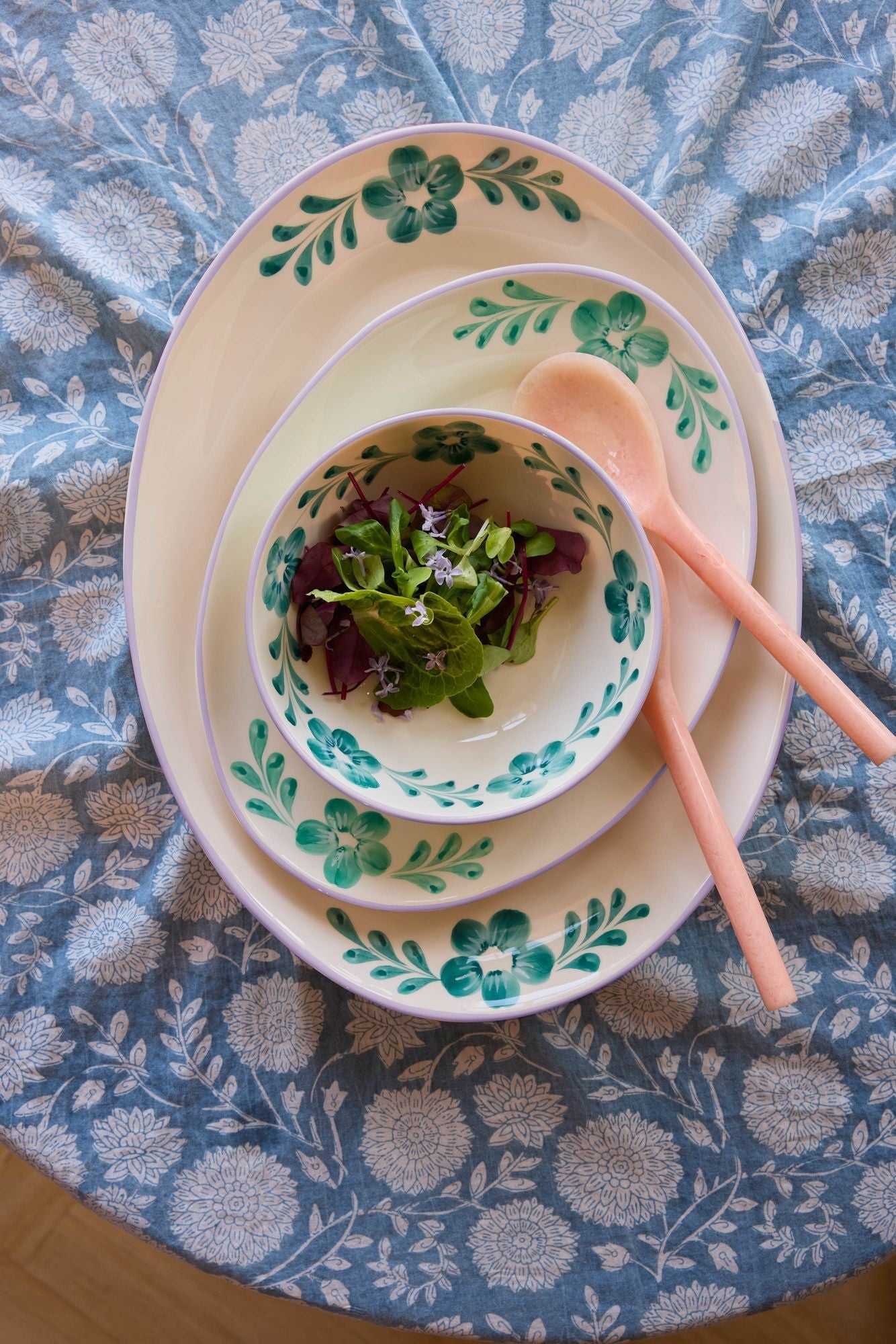 Ceramic Serving Platter with Hand-painted Green Flower Vine - Large