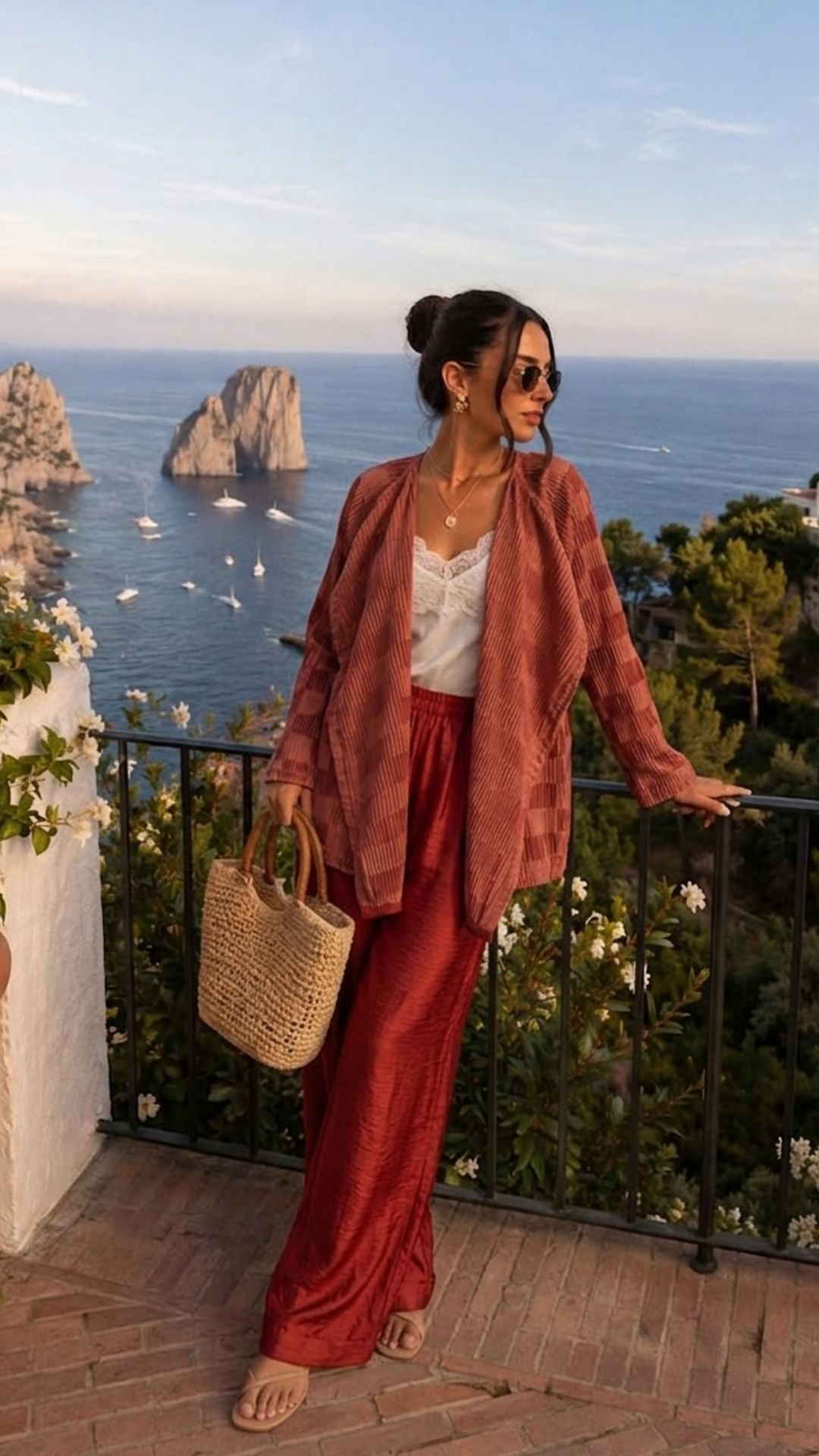 Kimono Maelle ladrillo con conjunto a juego en look de viaje
