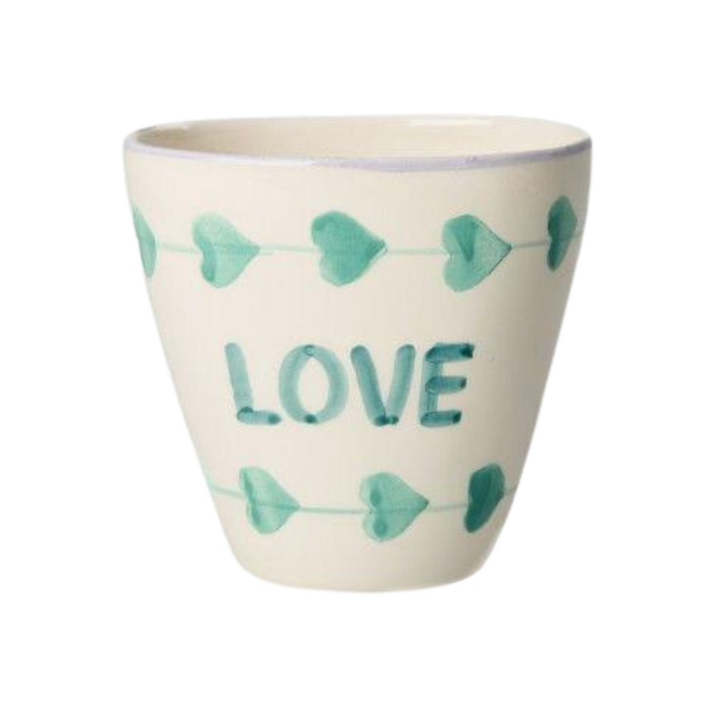 Ceramic Oval Cup with Hand-painted Green LOVE - 10.14 oz