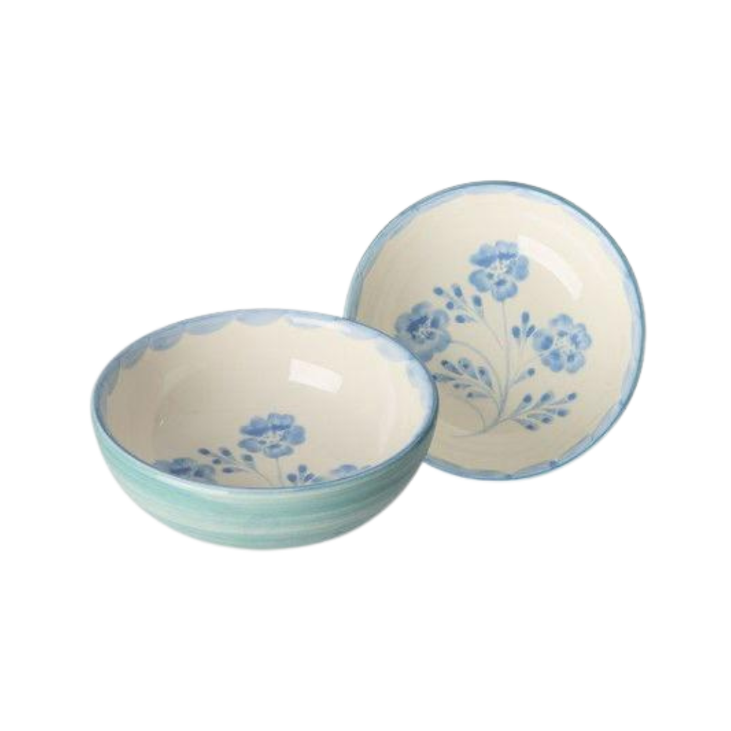 Ceramic Bowl with Hand-painted Blue Flowers - Green - 10.14 oz