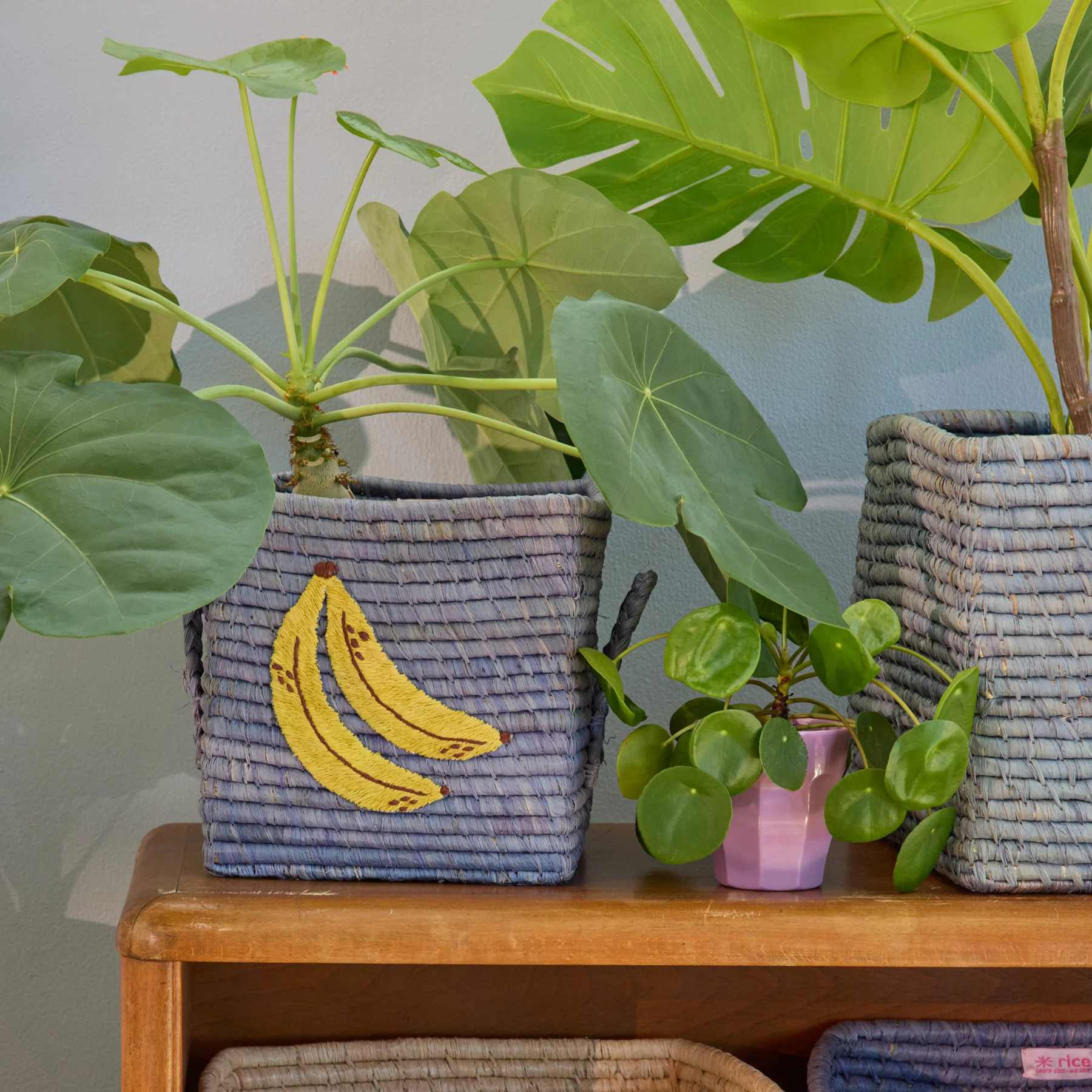 Small Square Raffia Basket - Blue - Banana  Please note: this piece ships within 2 weeks.