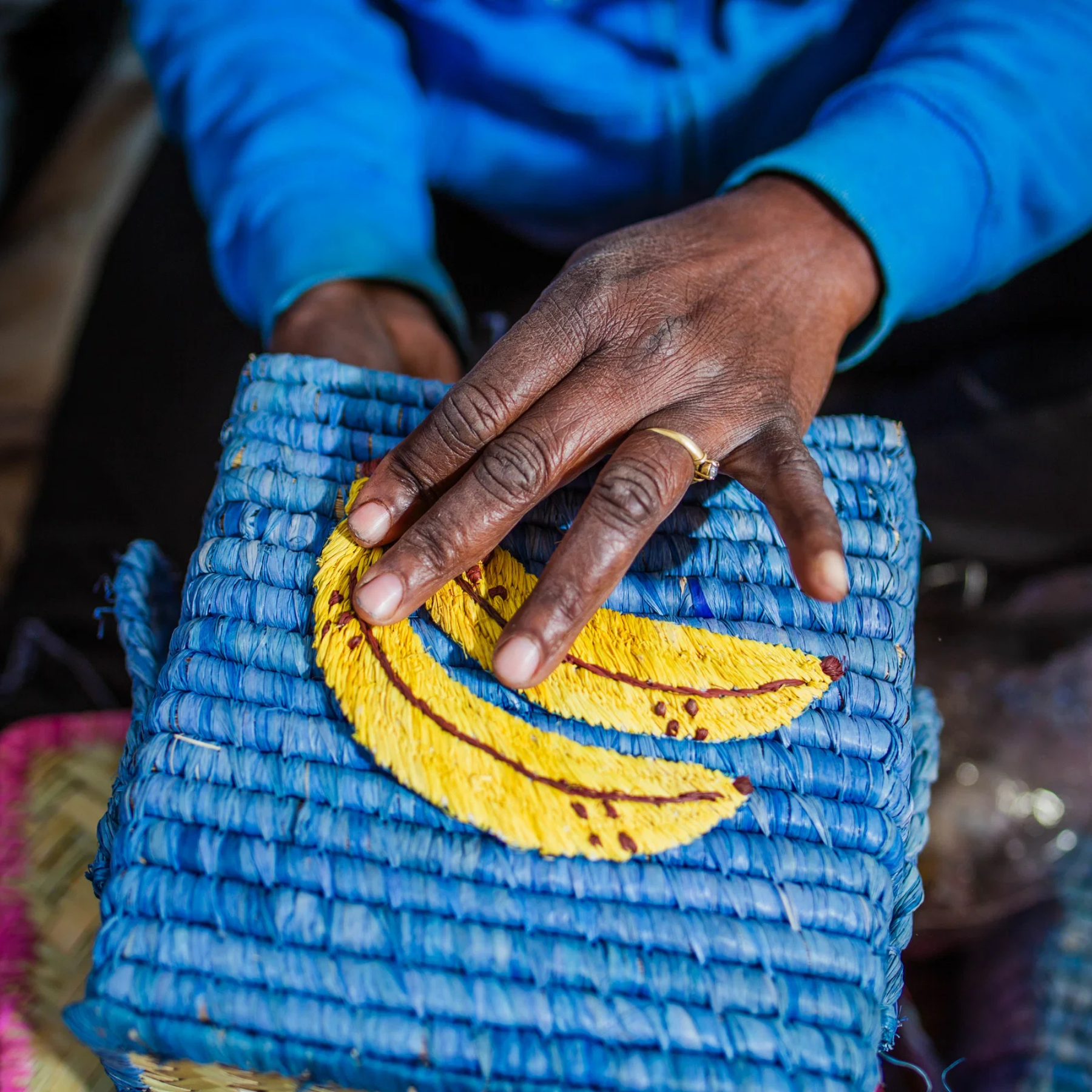 Small Square Raffia Basket - Blue - Banana  Please note: this piece ships within 2 weeks.