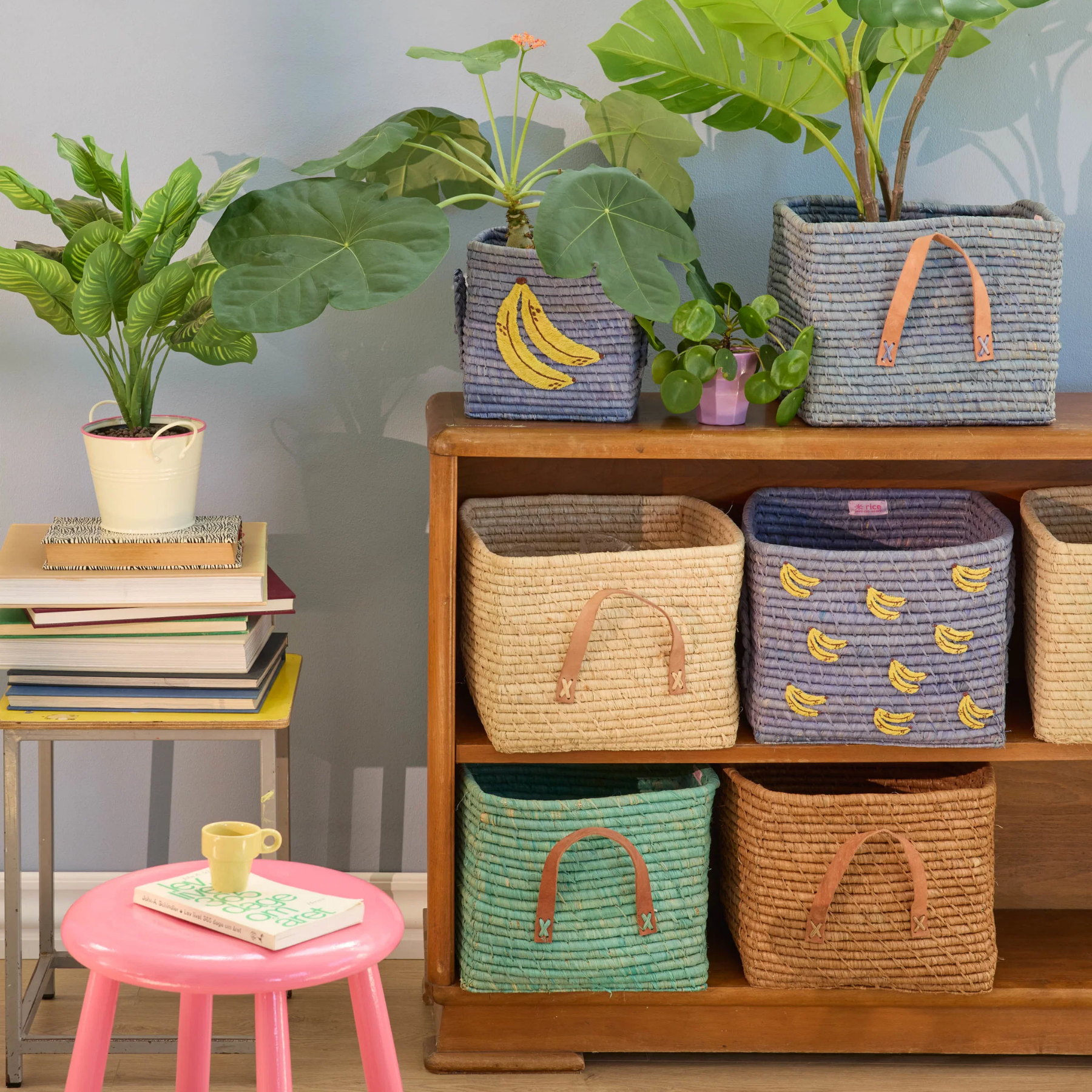 Square Raffia Basket - Blue - Banana Please note: this piece ships within 2 weeks.