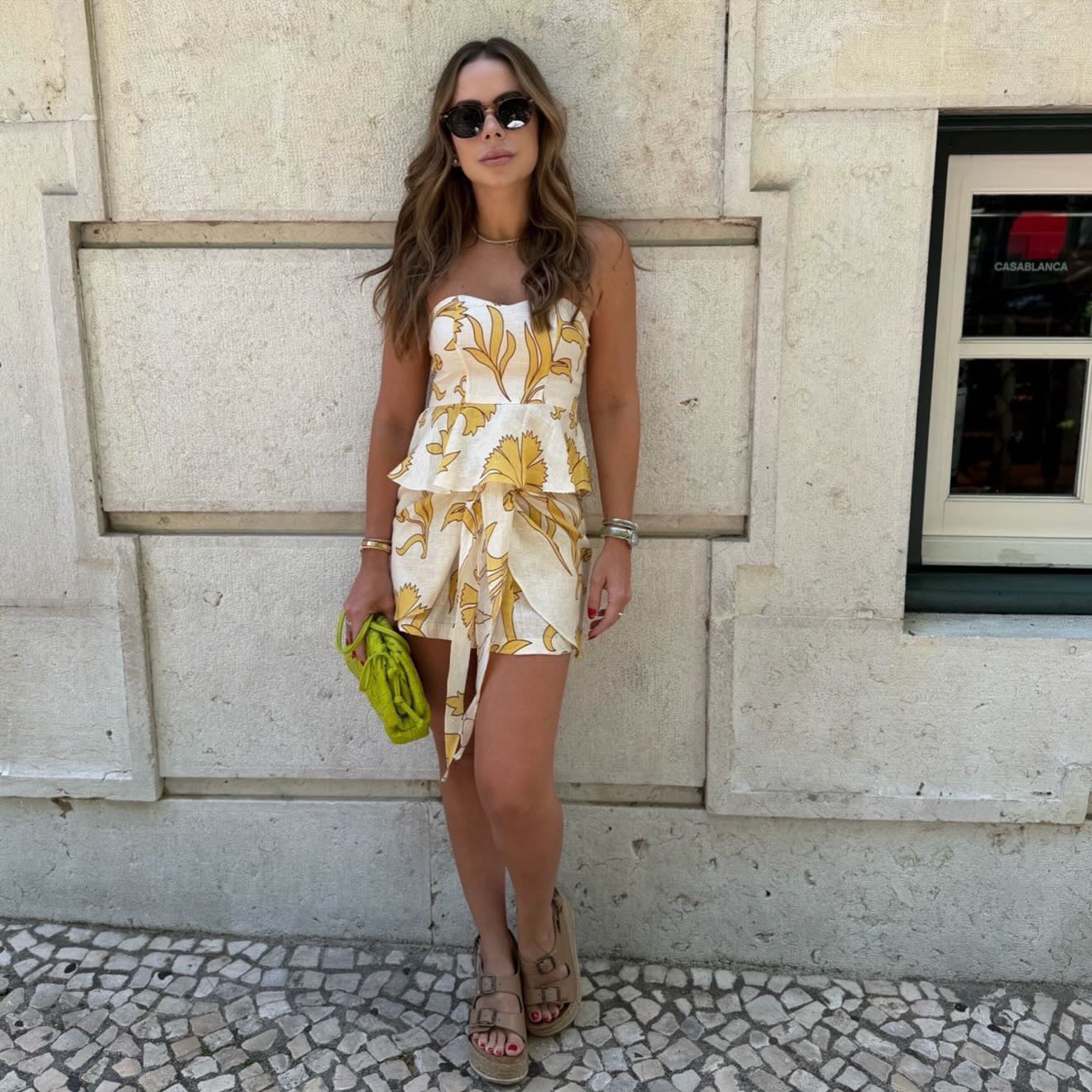 Peplum Linen Top / Yellow Flowers