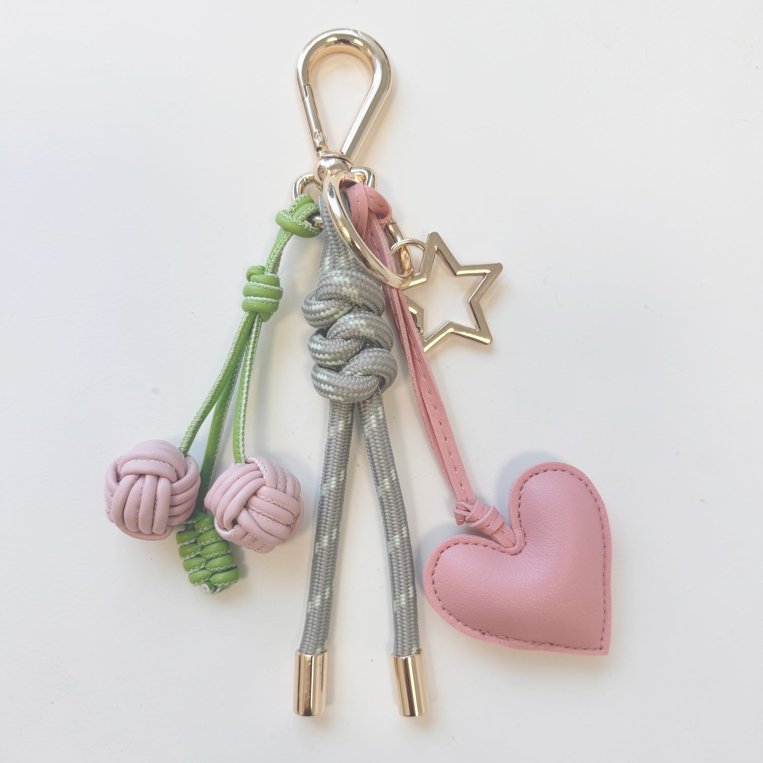 KEY CHAIN GREIGE WITH CHARMS - PINK CHERRIES AND PINK HEART