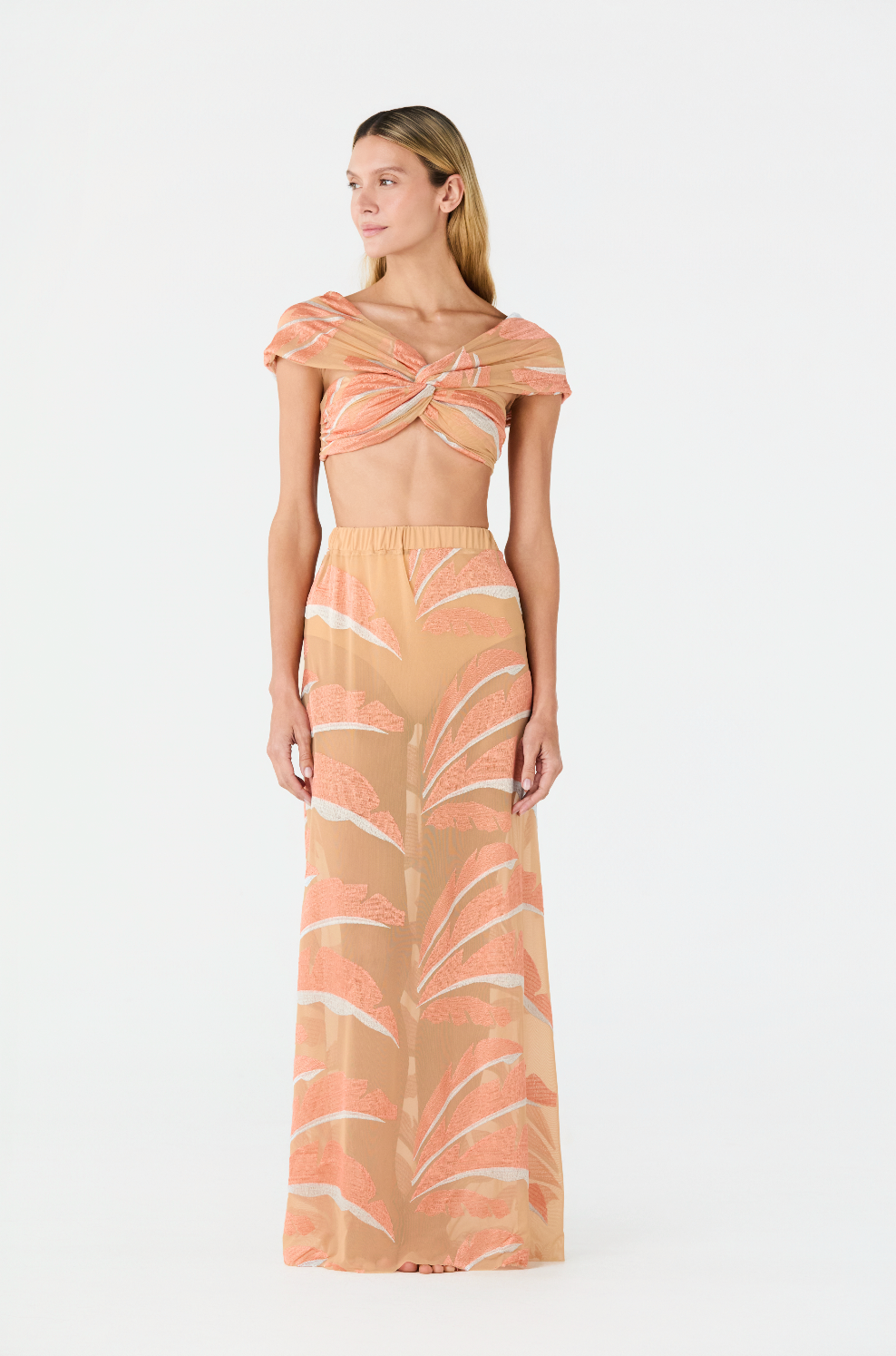 Solana Embroidered Mesh Maxi Skirt / Peach Palms