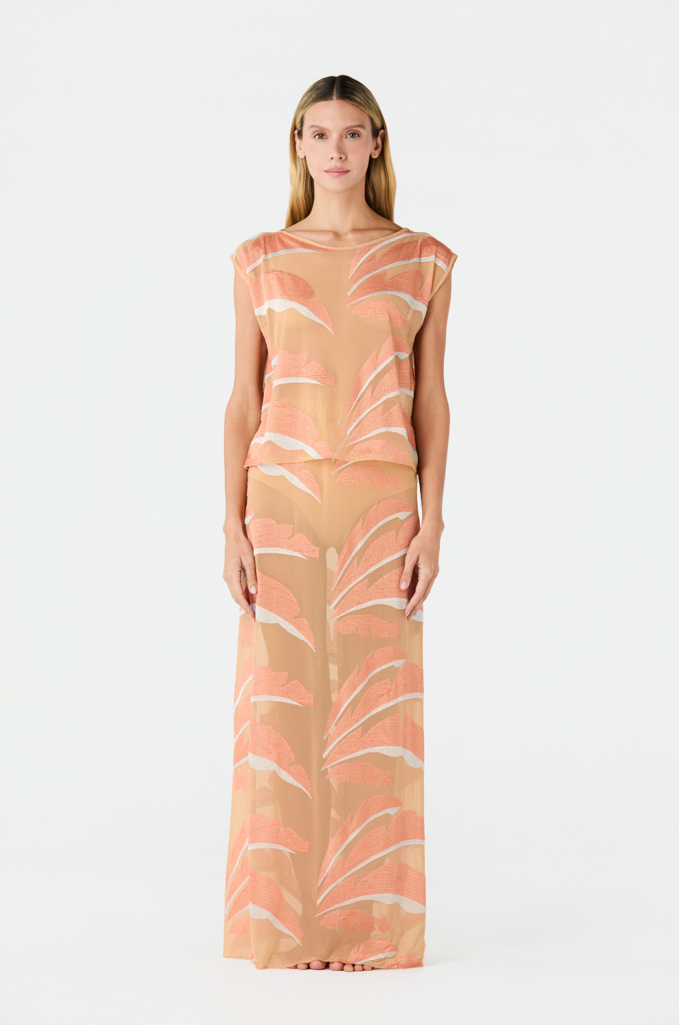Solana Embroidered Mesh Maxi Skirt / Peach Palms