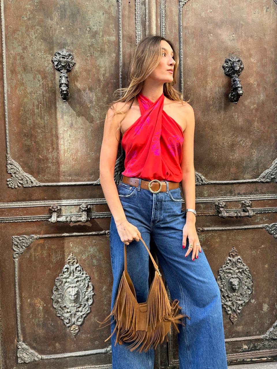 Cayetana Silk Crepe Blouse /  Red & Fuchsia Buganvilias