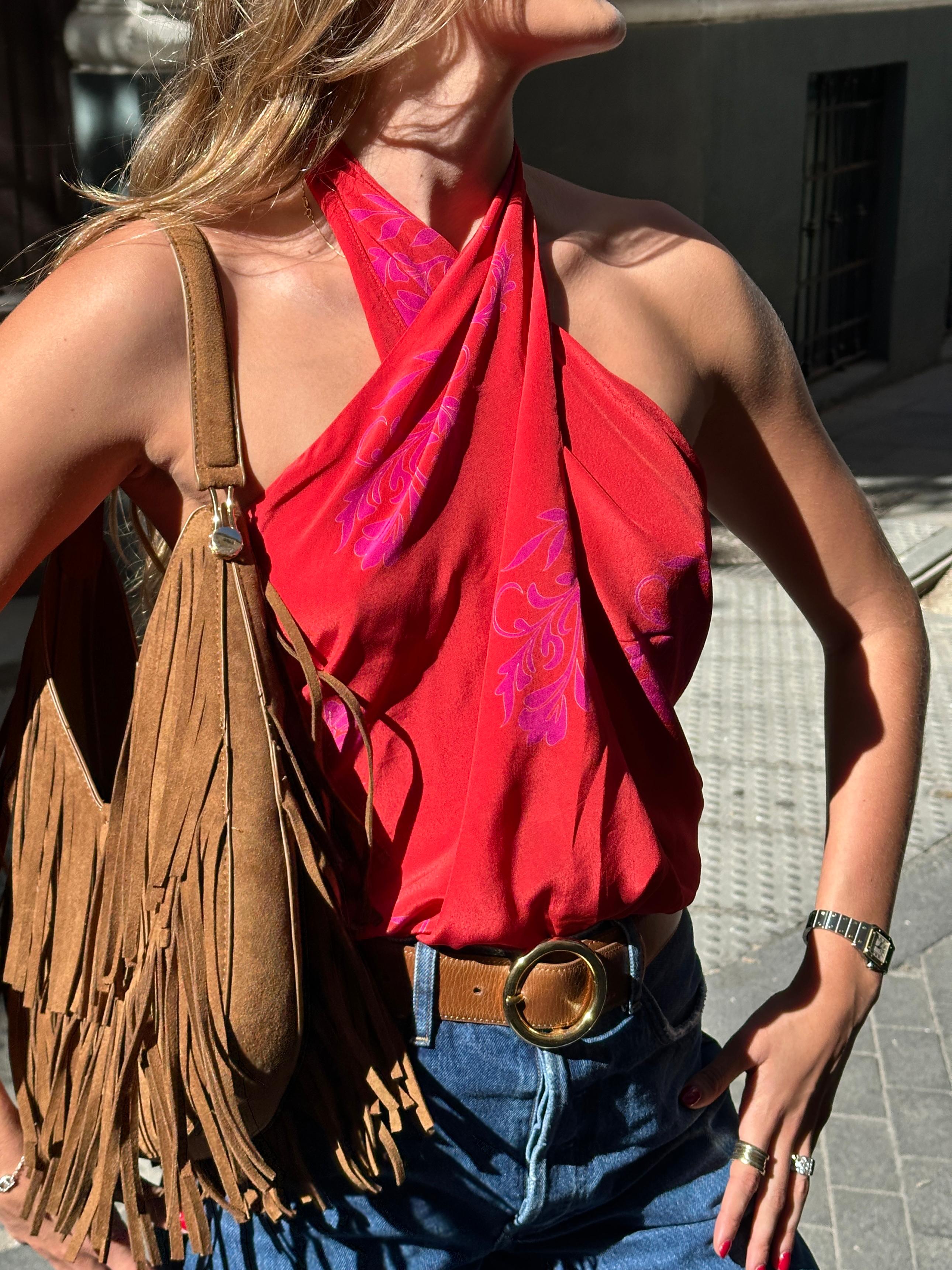 Cayetana Silk Crepe Blouse /  Red & Fuchsia Buganvilias