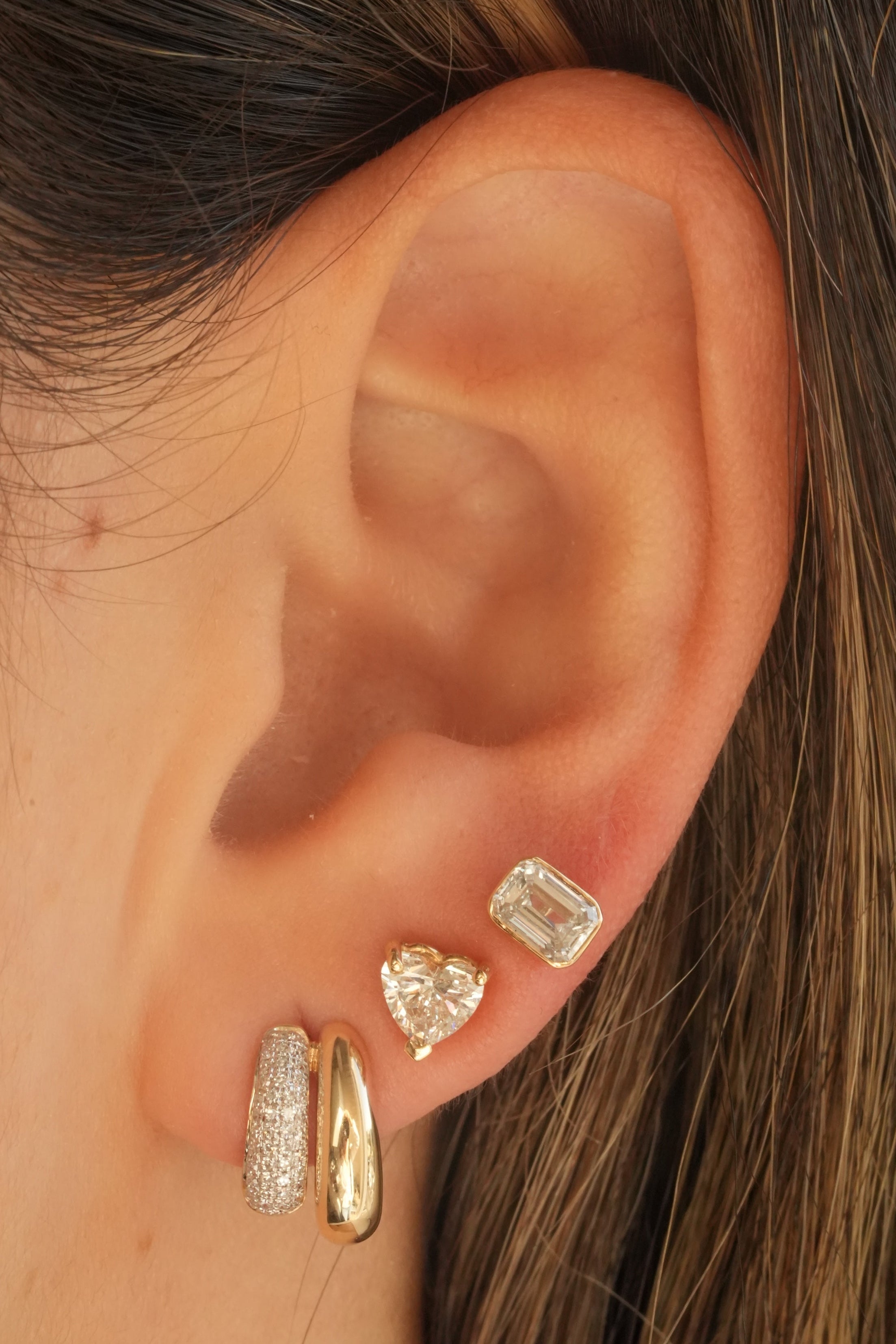 Gold Lab Diamond Emerald Cut Bezel Stud Earring