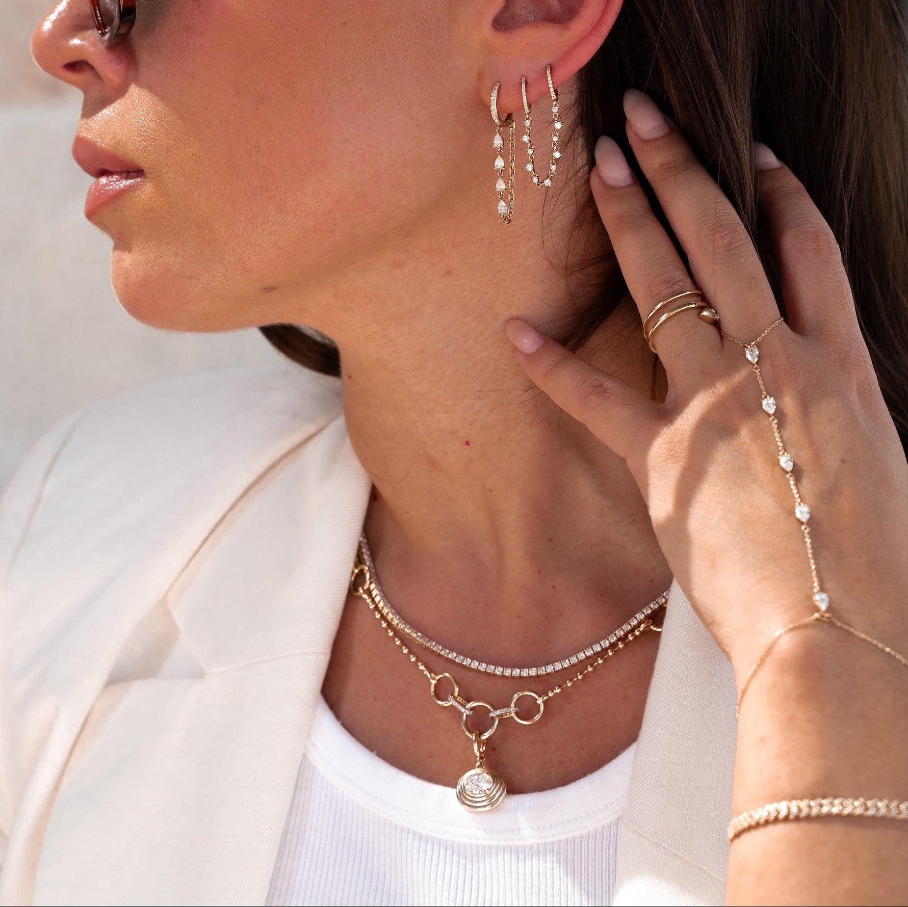 Gold Lab Diamond Pear Hand Chain Bracelet