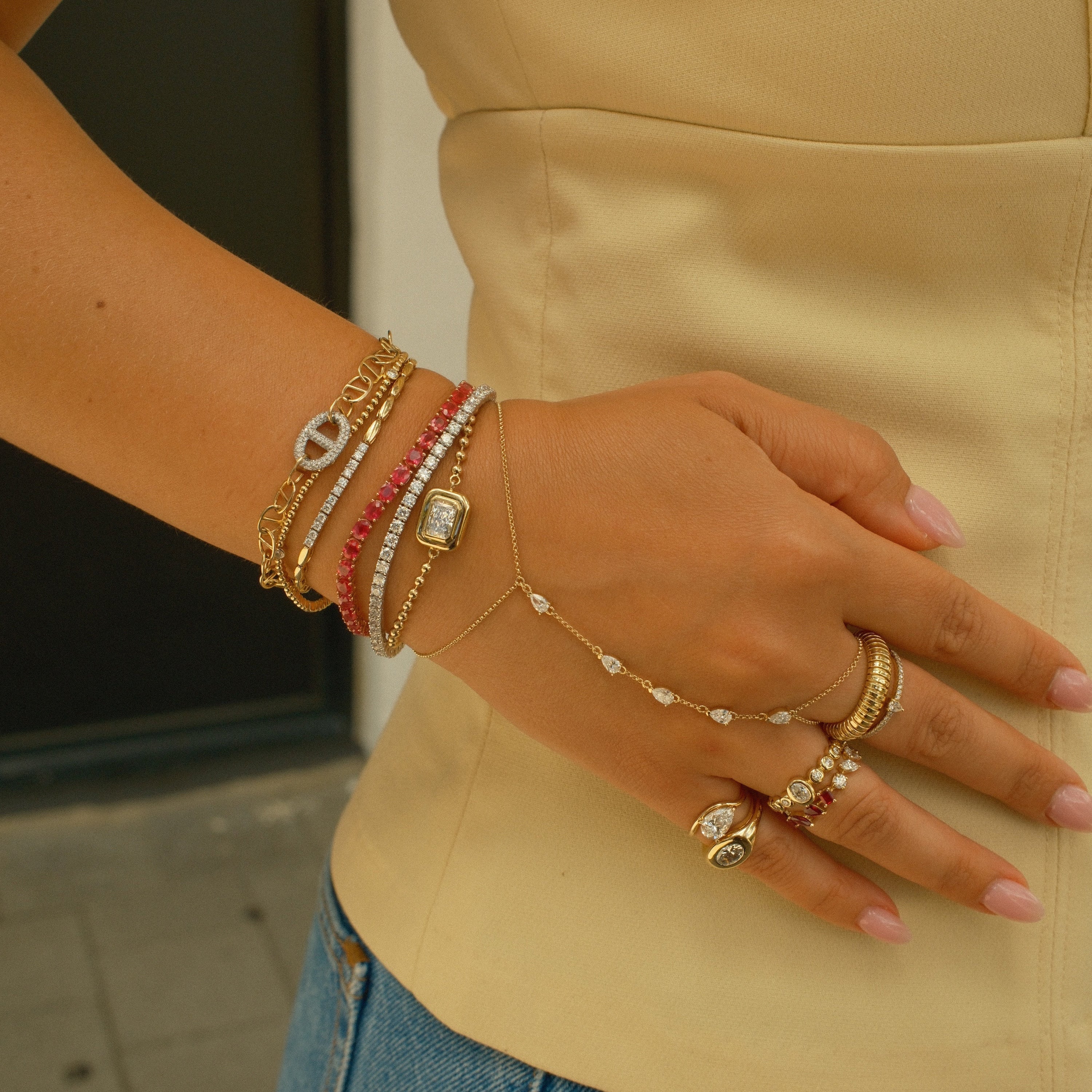 Gold Lab Diamond Pear Hand Chain Bracelet