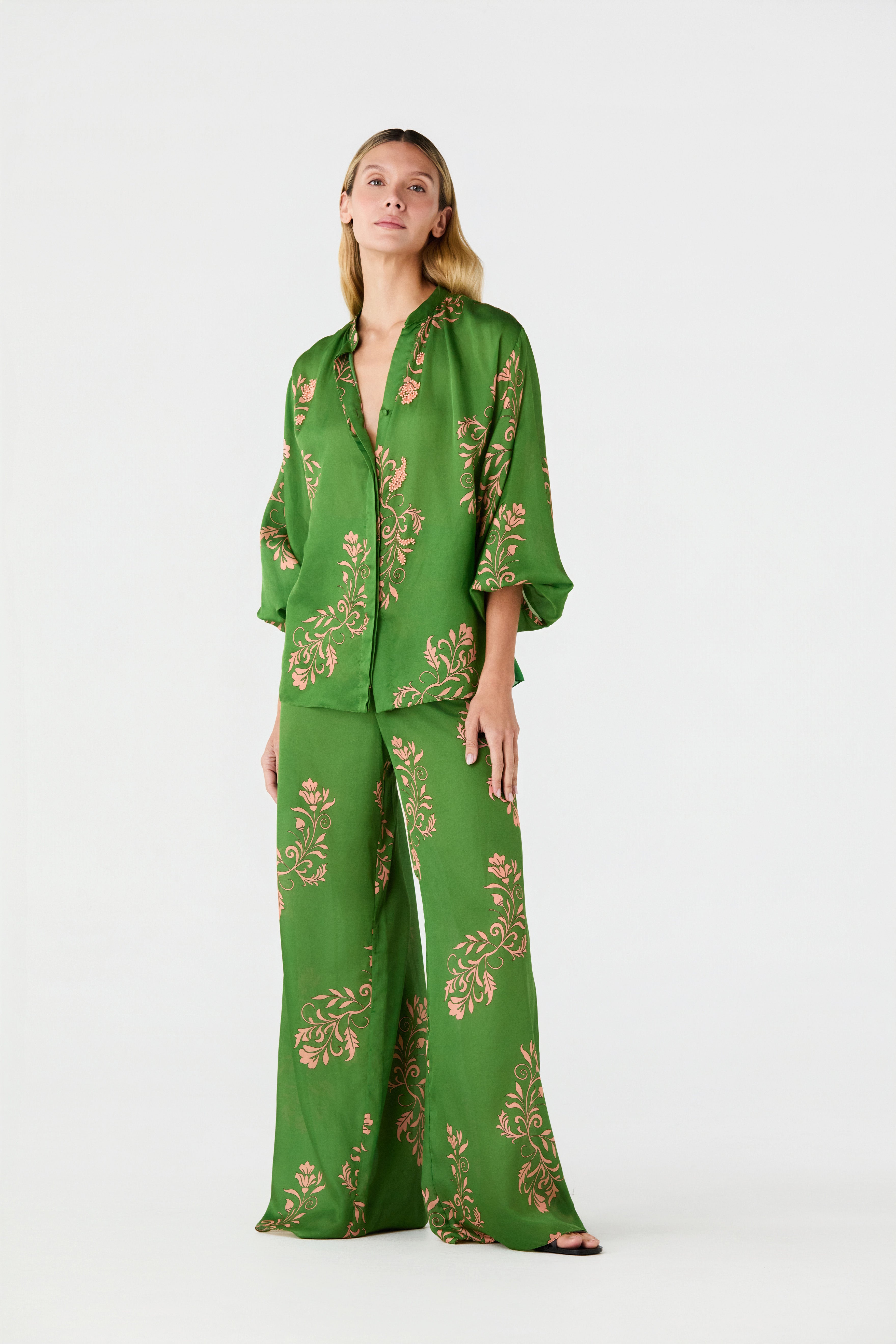 Fiol Cotton Silk Pants / Green Buganvilias