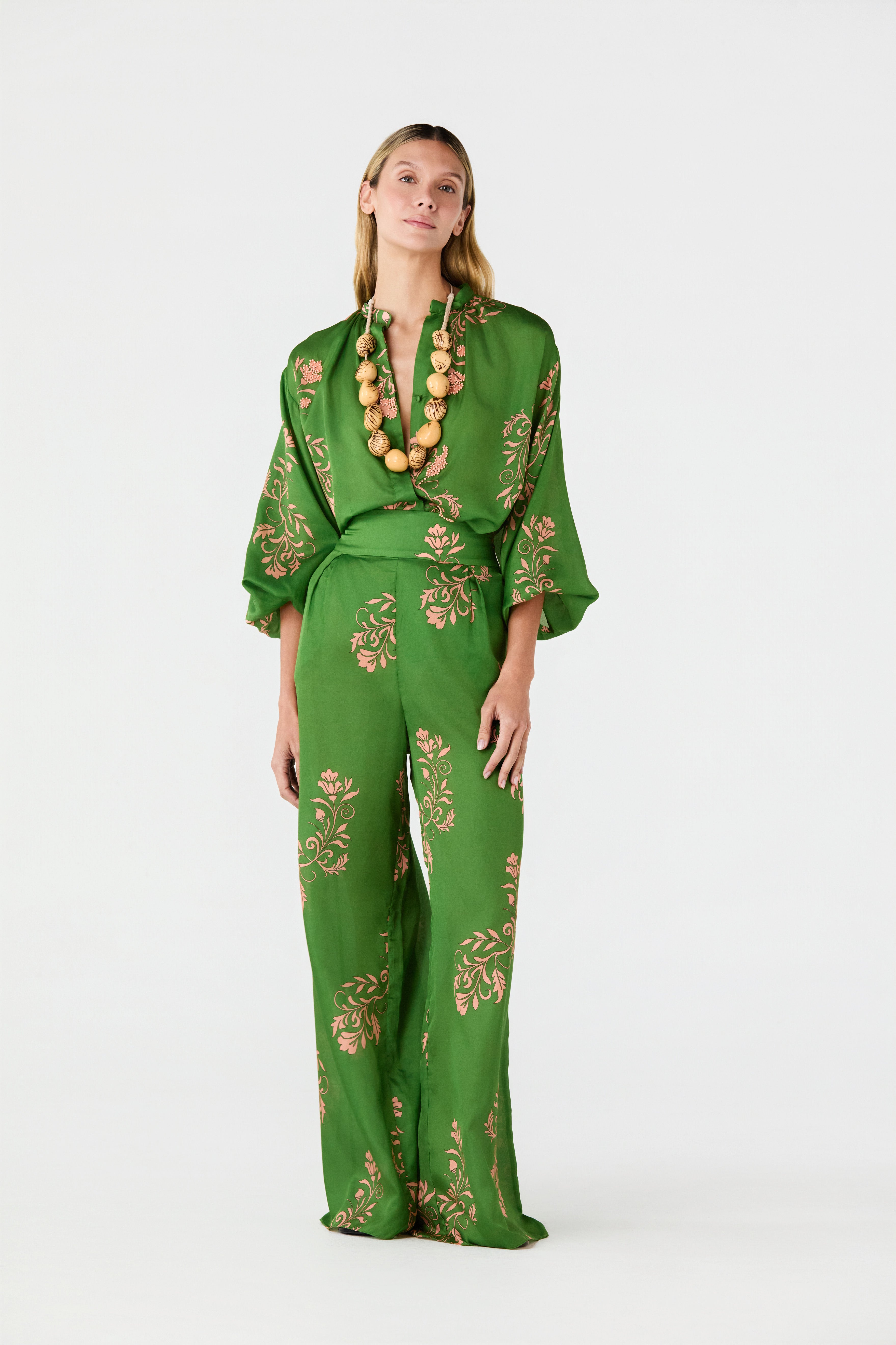 Fiol Cotton Silk Pants / Green Buganvilias