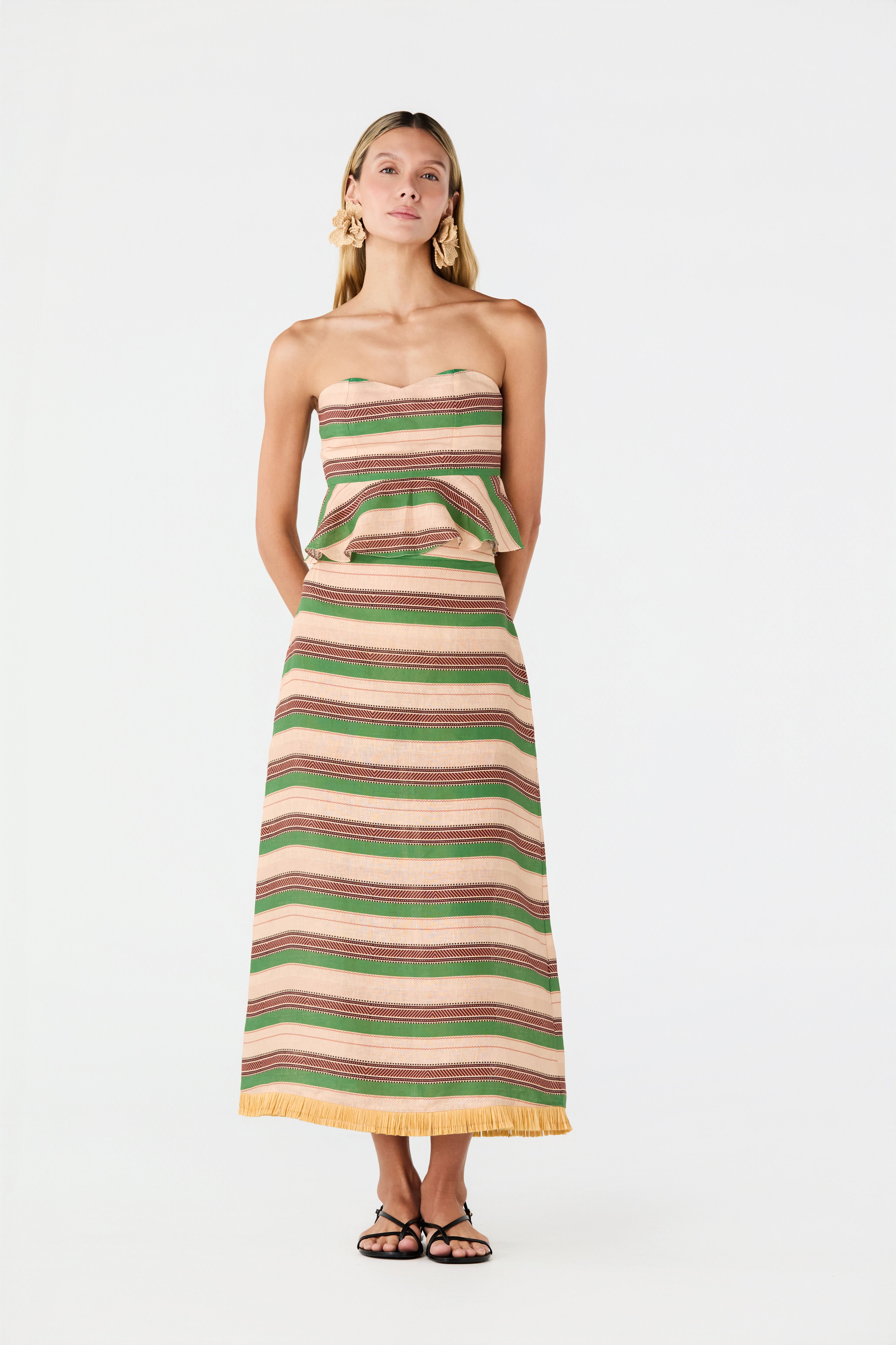 Peplum Linen Top / Green Artisanal Stripes