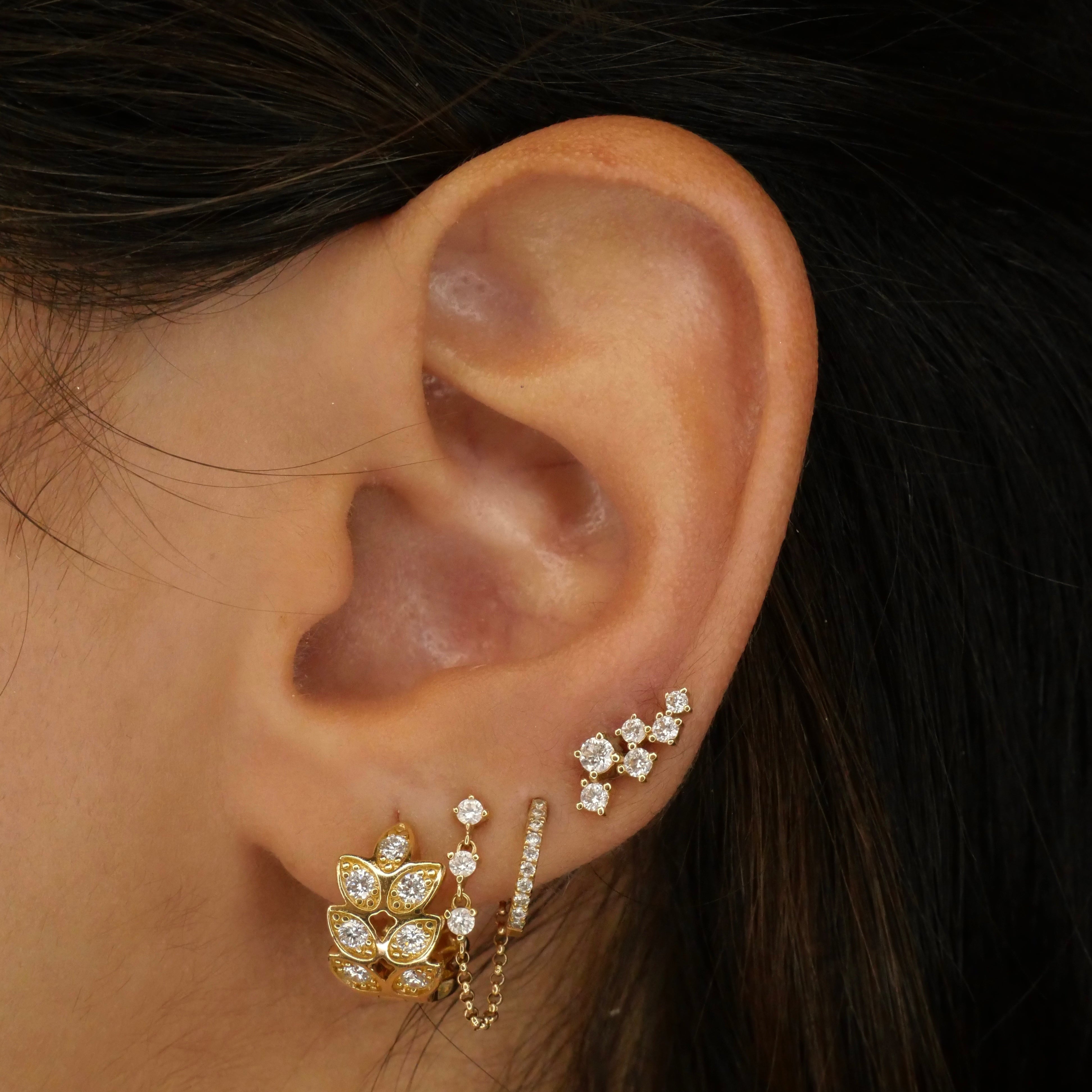 Gold Diamond Triple Prong Drop Loop Earring