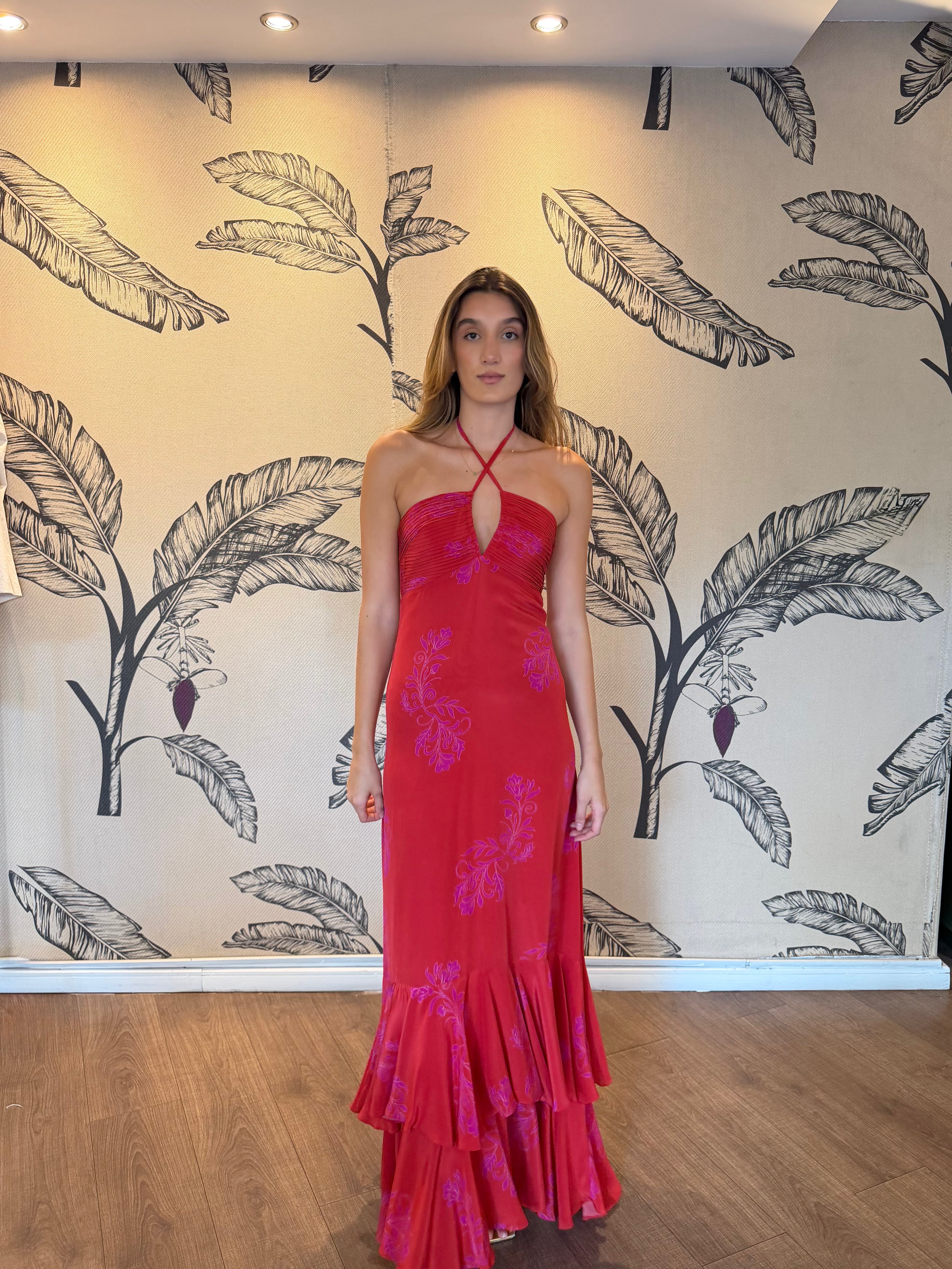 Sevillana Silk Crepe Maxi Dress /  Red & Fuchsia Buganvilias