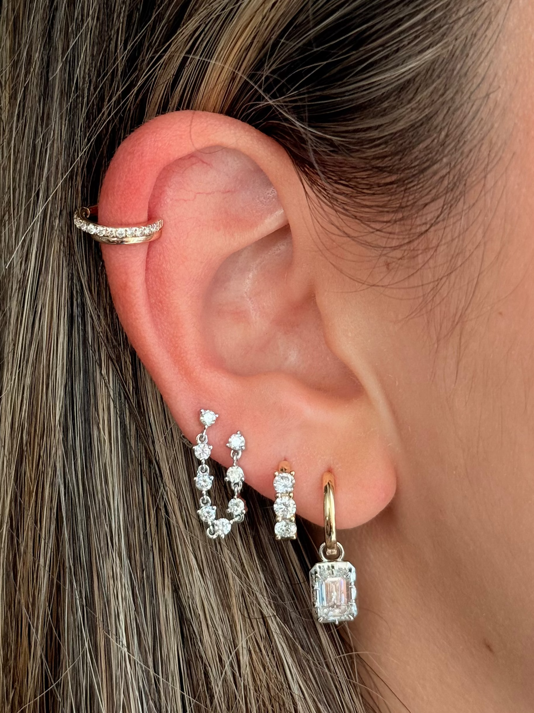 Gold Lab Diamond Emerald White Rhodium Drop Earring