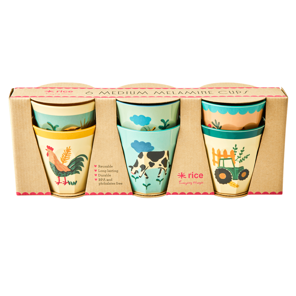 Melamine Kids Cups in Blue Farm Prints - Medium - 6 pcs. in Gift Box