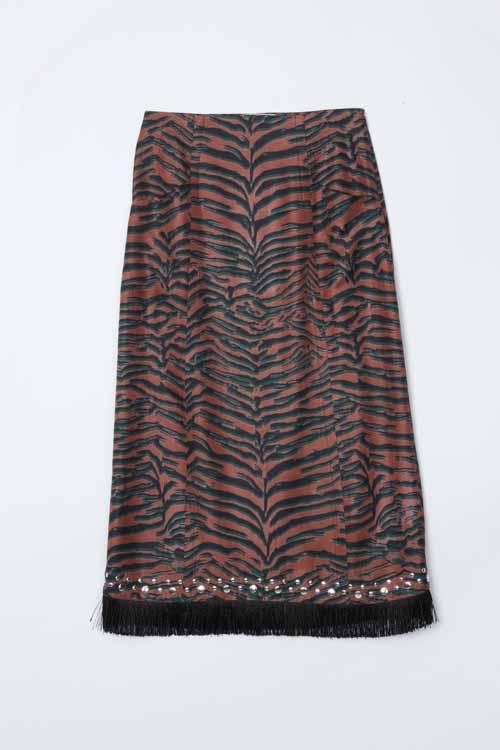 PHILLIP LIM | TIGER PRINT STUDDED MIDI SKIRT WITH FRINGE