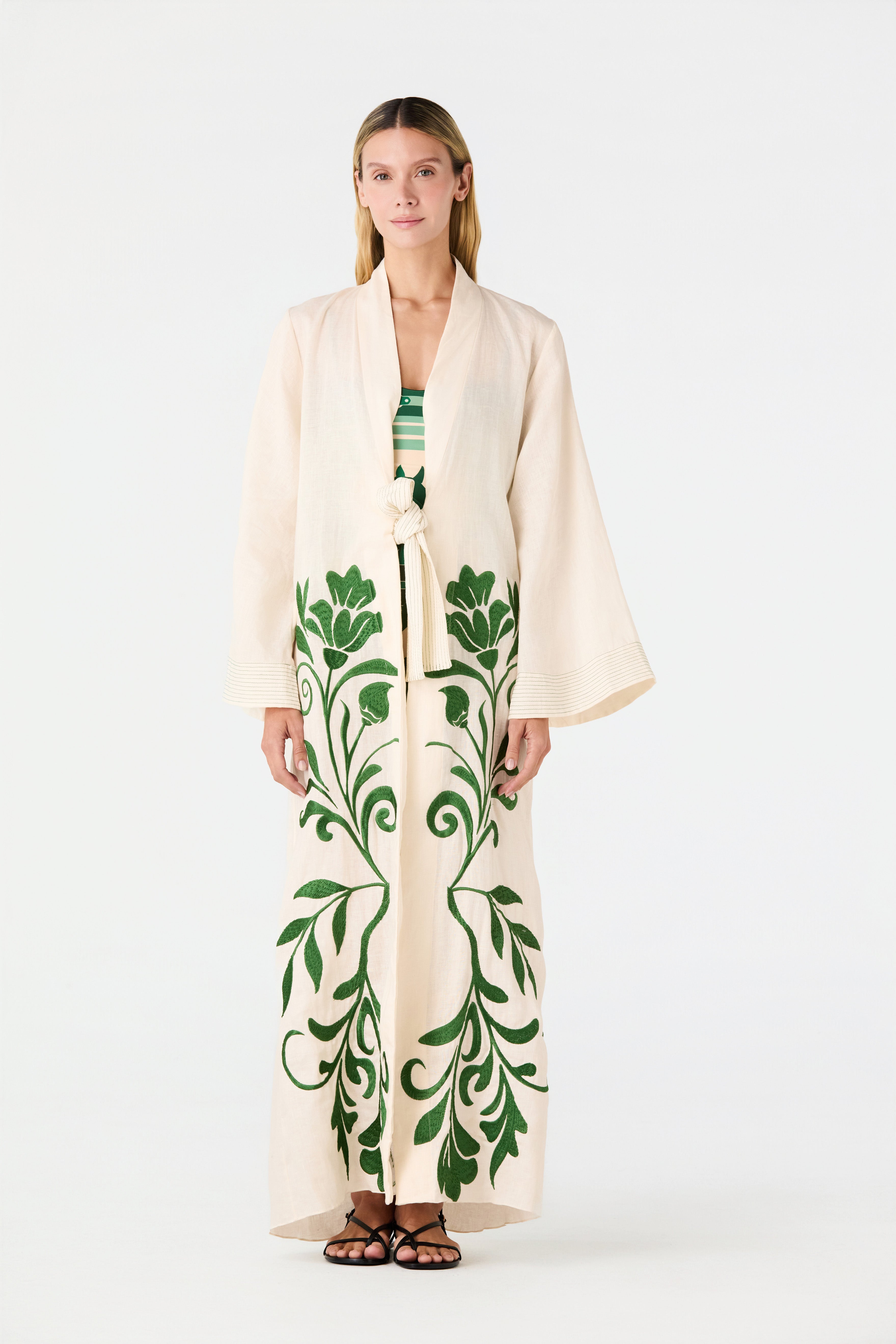 Rafaela Embroidered Kaftan / Ivory Green Buganvilias