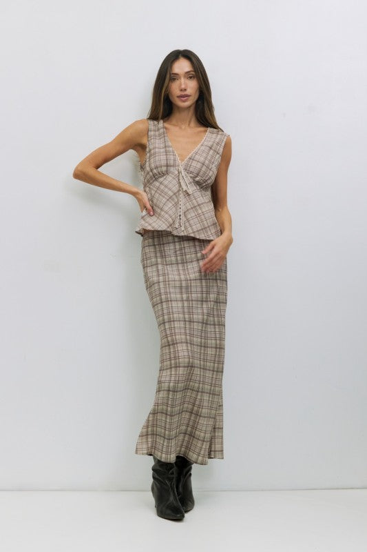 Paxton Plaid Midi Skirt With Lace Waistband