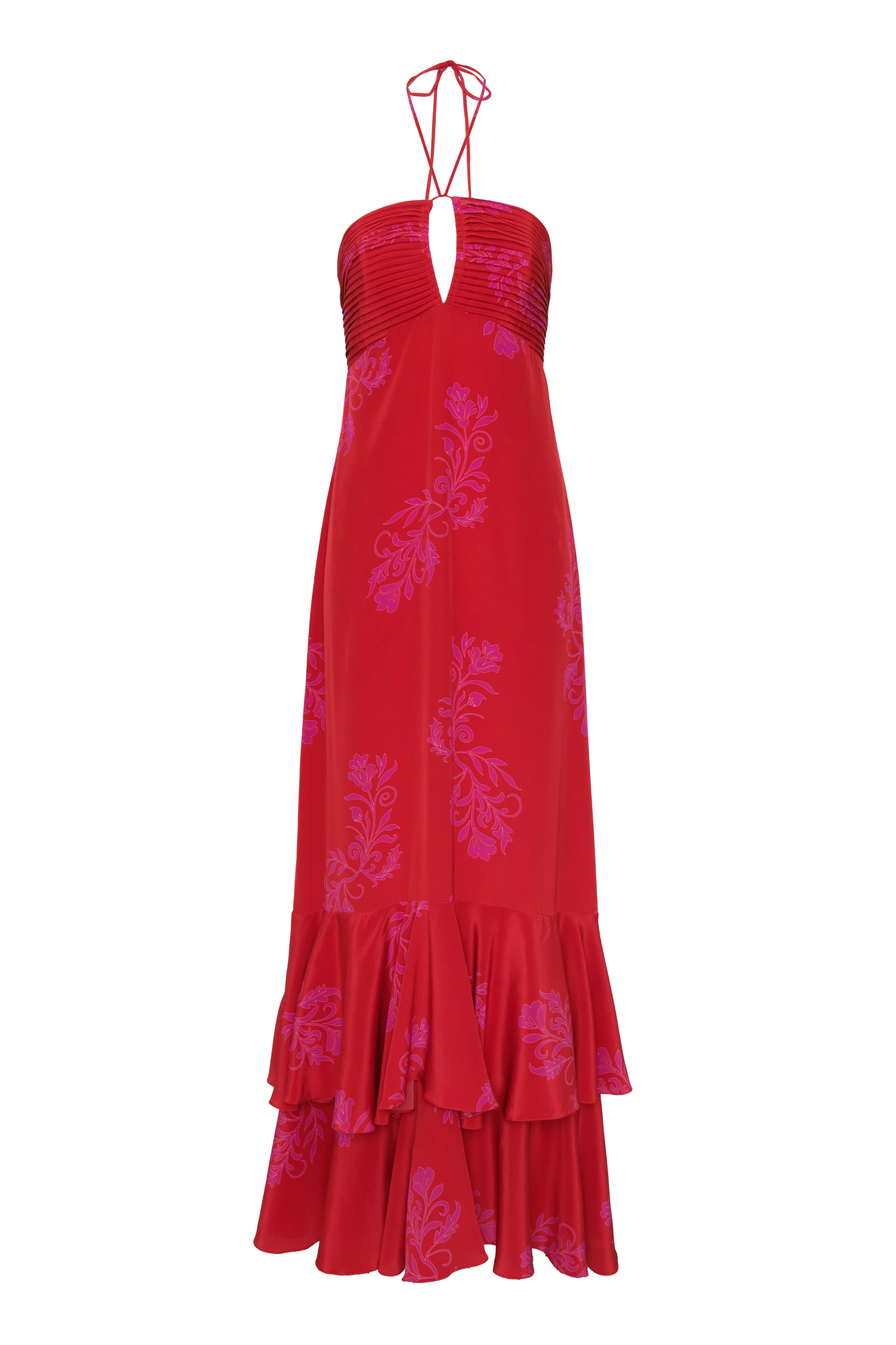 Sevillana Silk Crepe Maxi Dress /  Red & Fuchsia Buganvilias