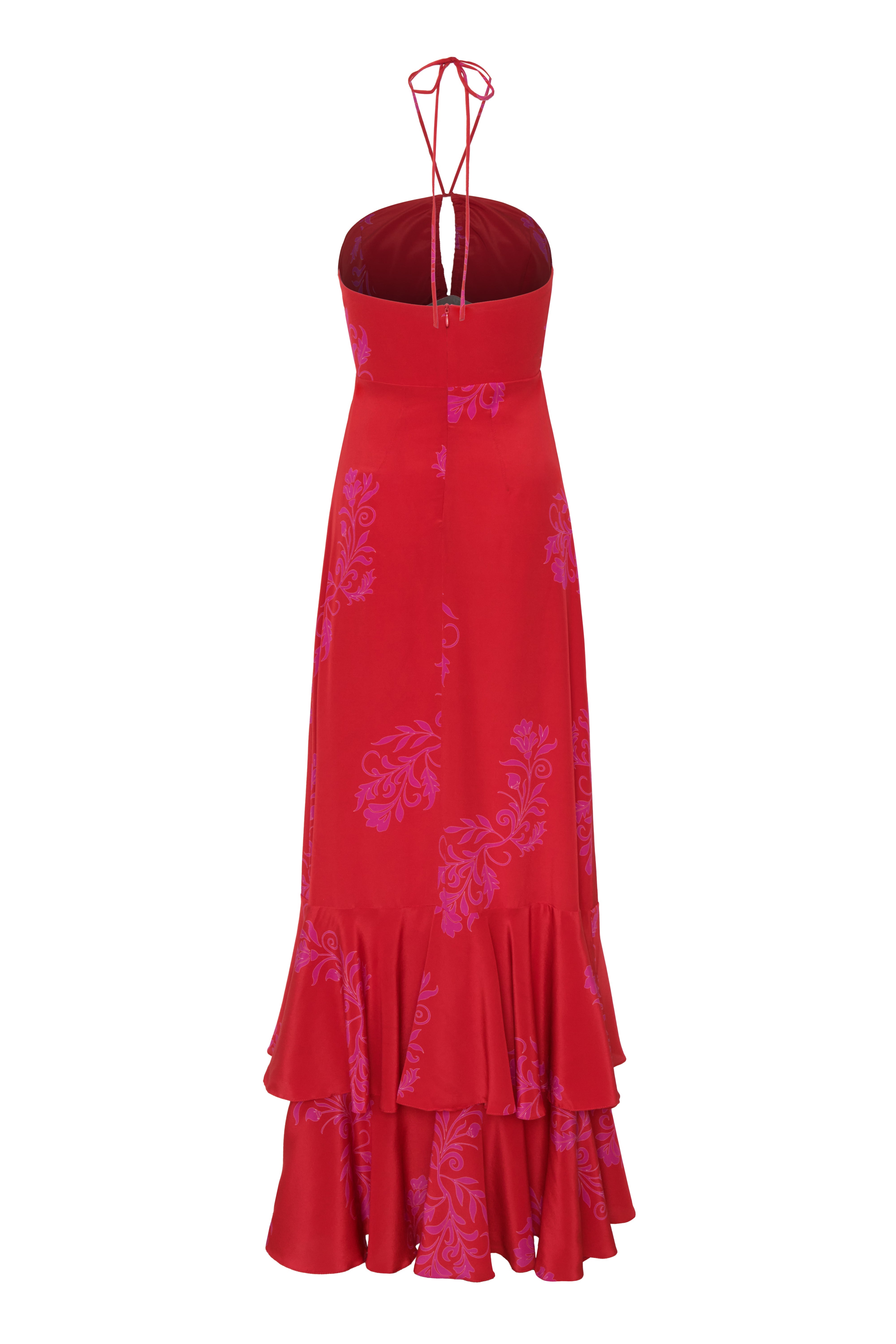 Sevillana Silk Crepe Maxi Dress /  Red & Fuchsia Buganvilias