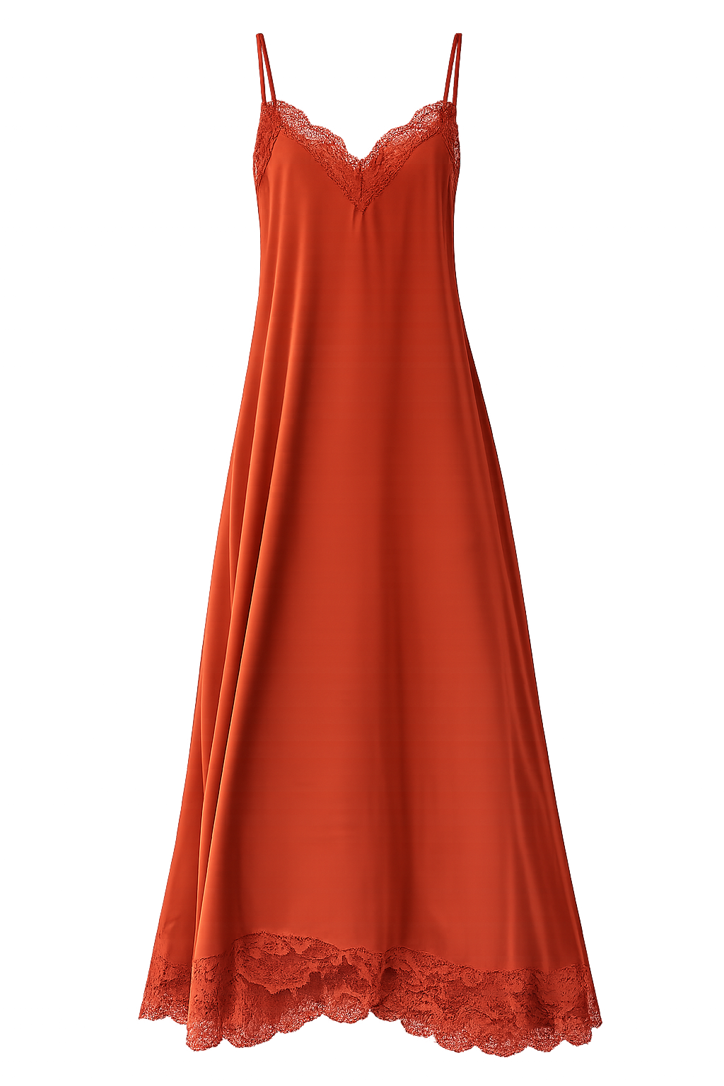 Vestido Seraphine midi color ladrillo con encaje, vista frontal de producto