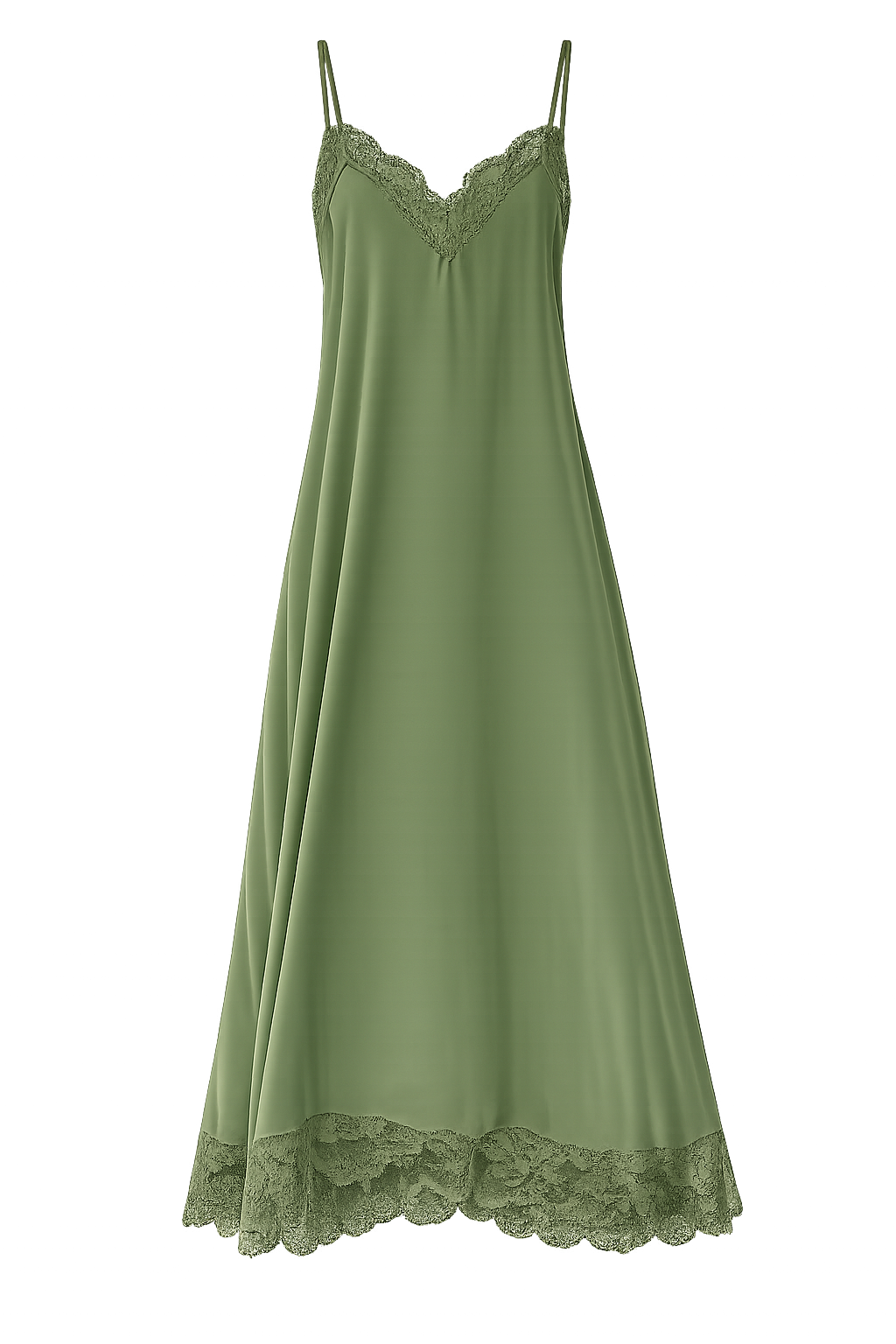 Vestido Seraphine midi color verde olivo con encaje, vista frontal de producto