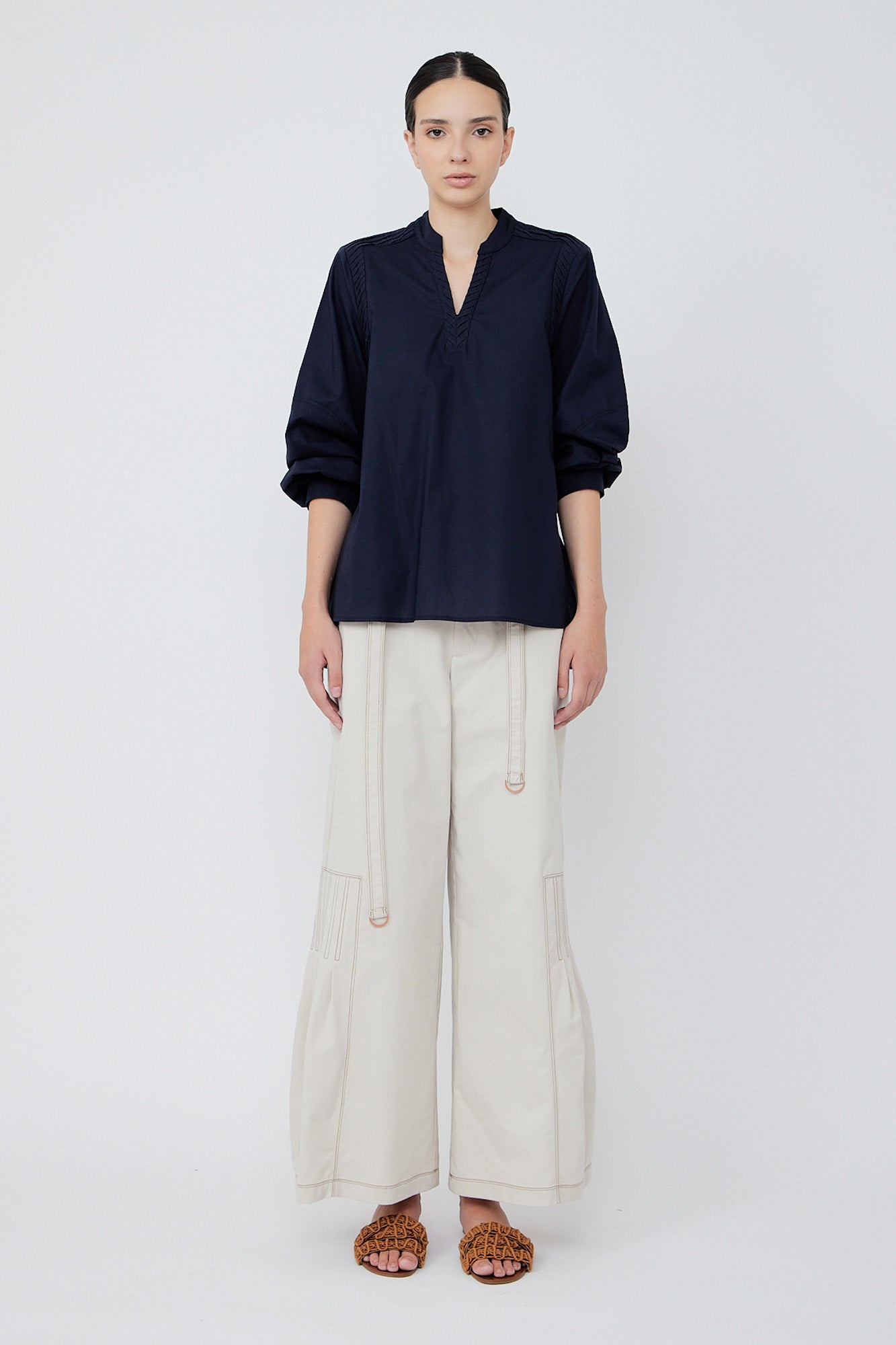 Ximena V-Neck Cotton Blouse | Navy