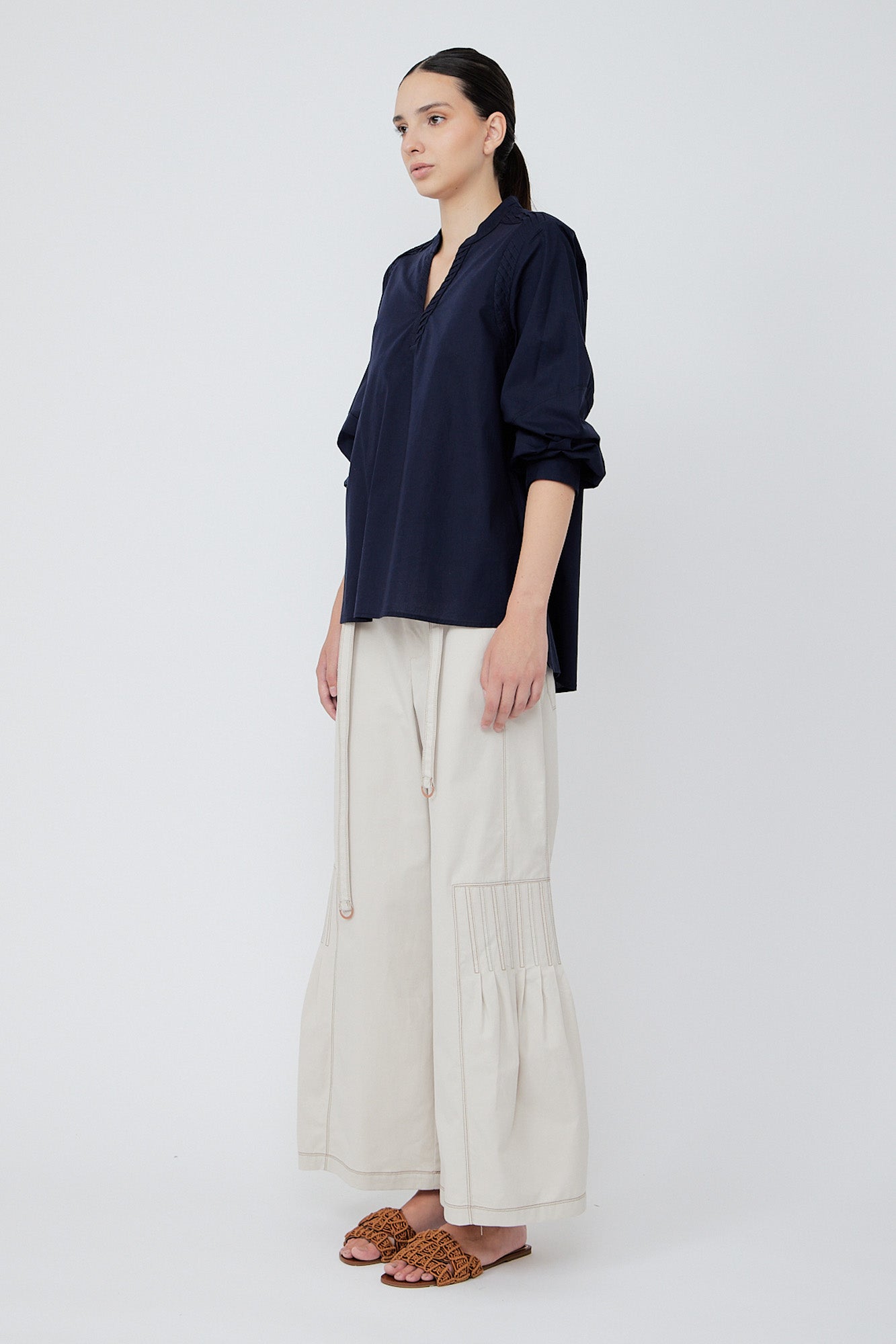 Ximena V-Neck Cotton Blouse | Navy