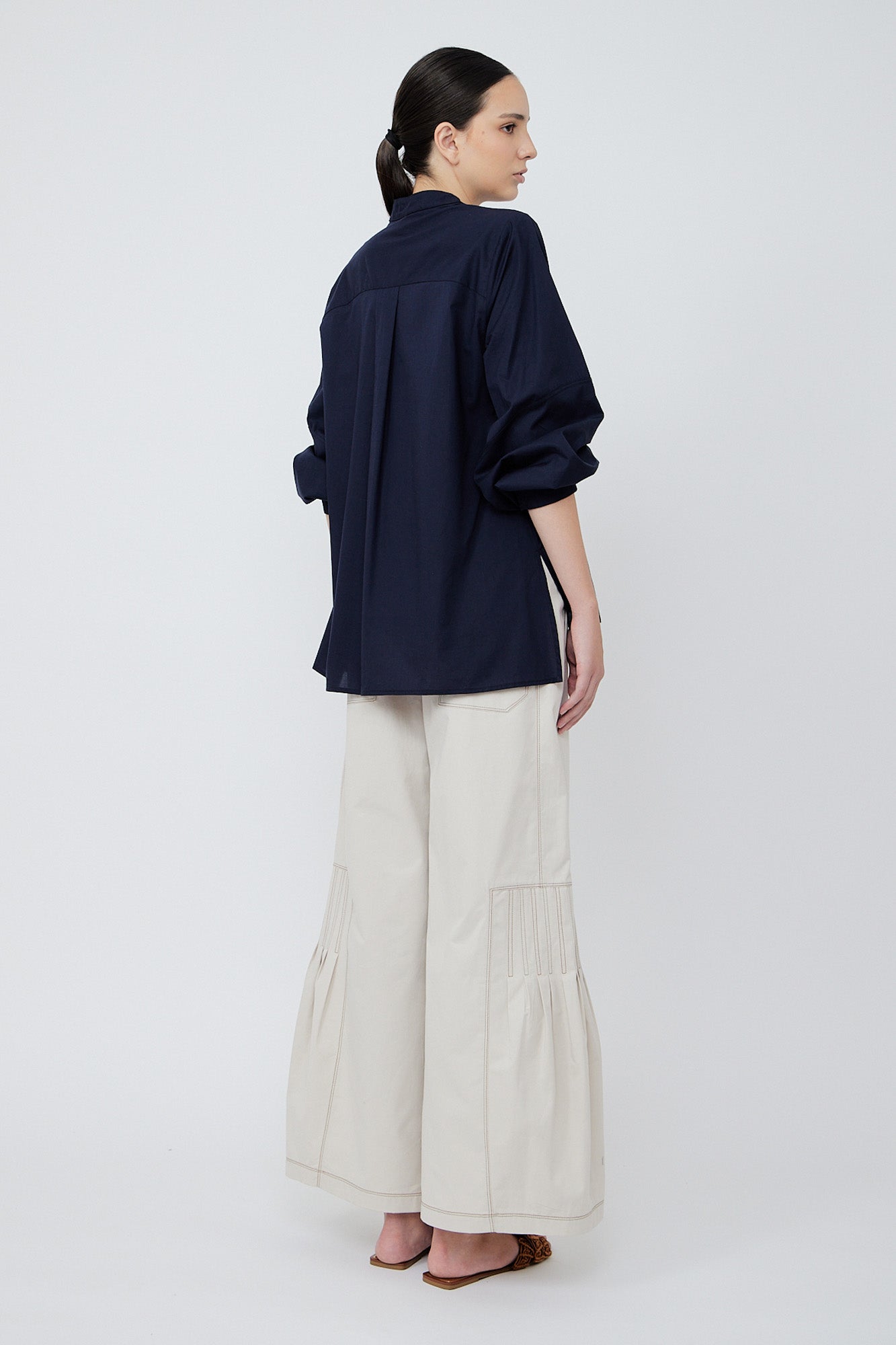 Ximena V-Neck Cotton Blouse | Navy