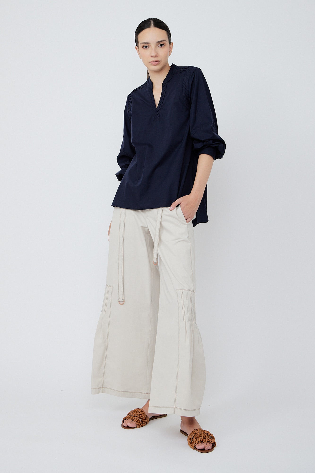Ximena V-Neck Cotton Blouse | Navy