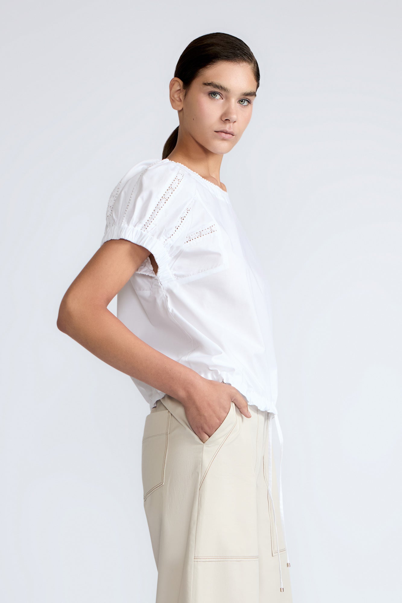 Amara Broderie Sleeve Cotton Blouse | White
