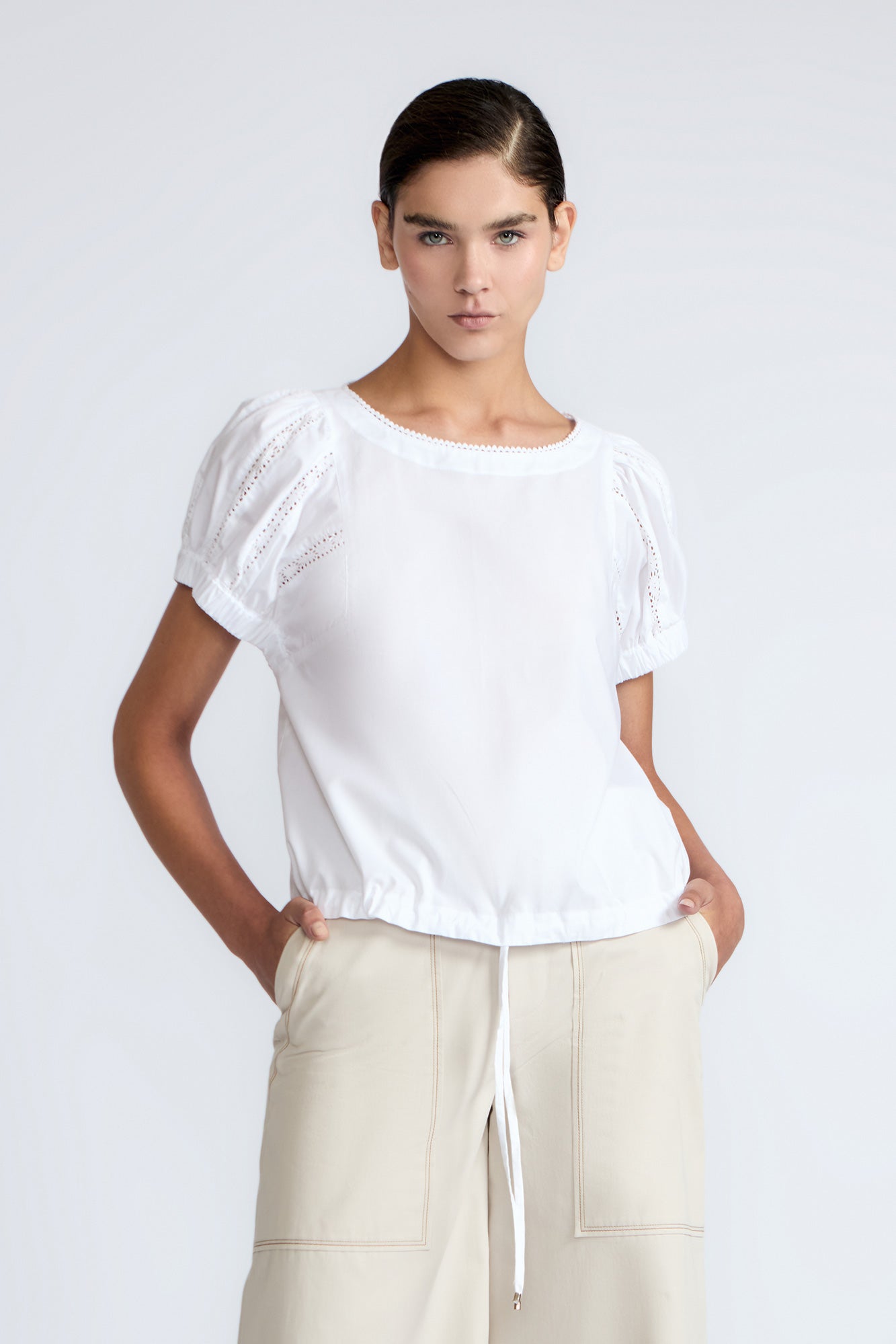 Amara Broderie Sleeve Cotton Blouse | White