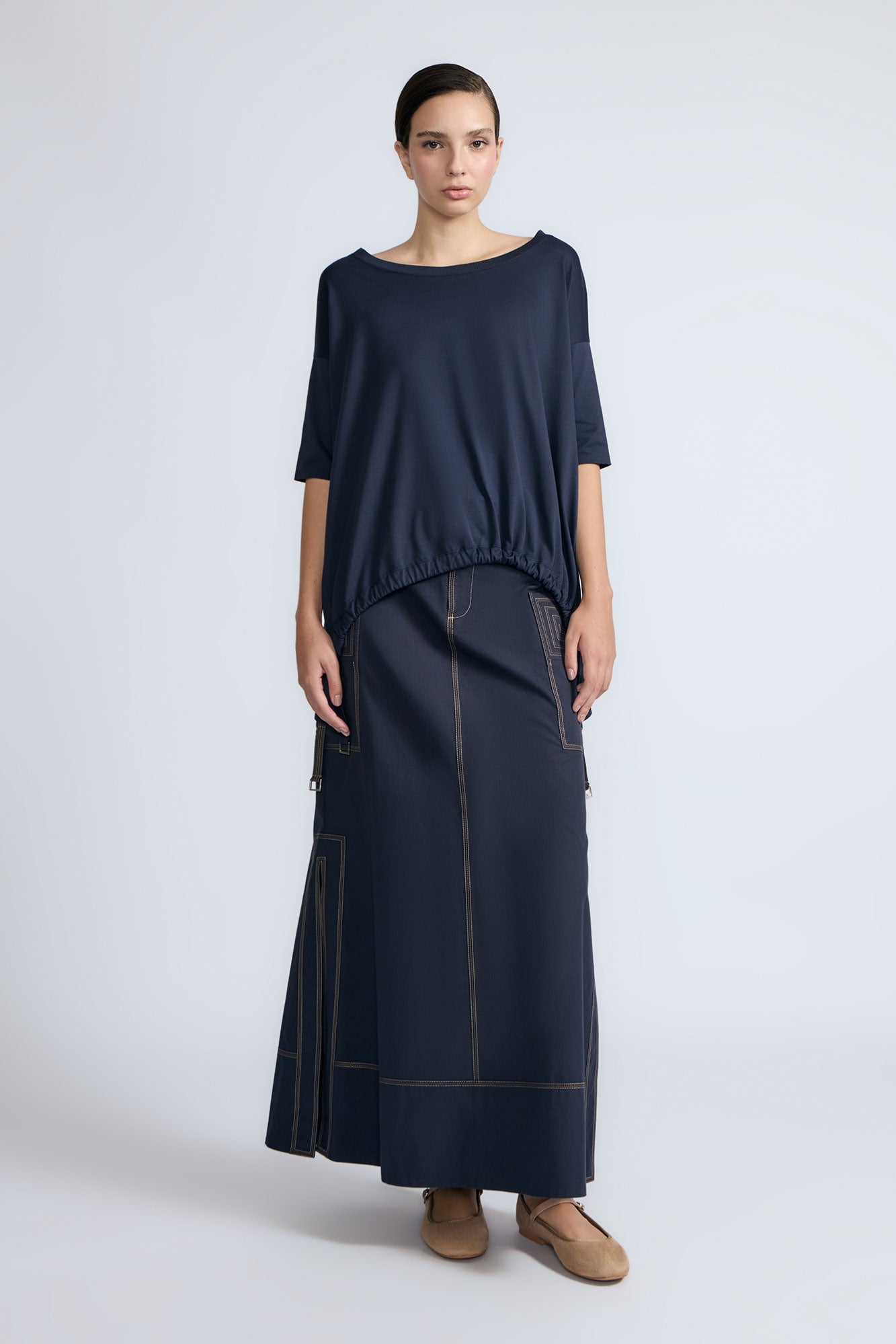 Amaya Asymmetric Cotton Top | Navy