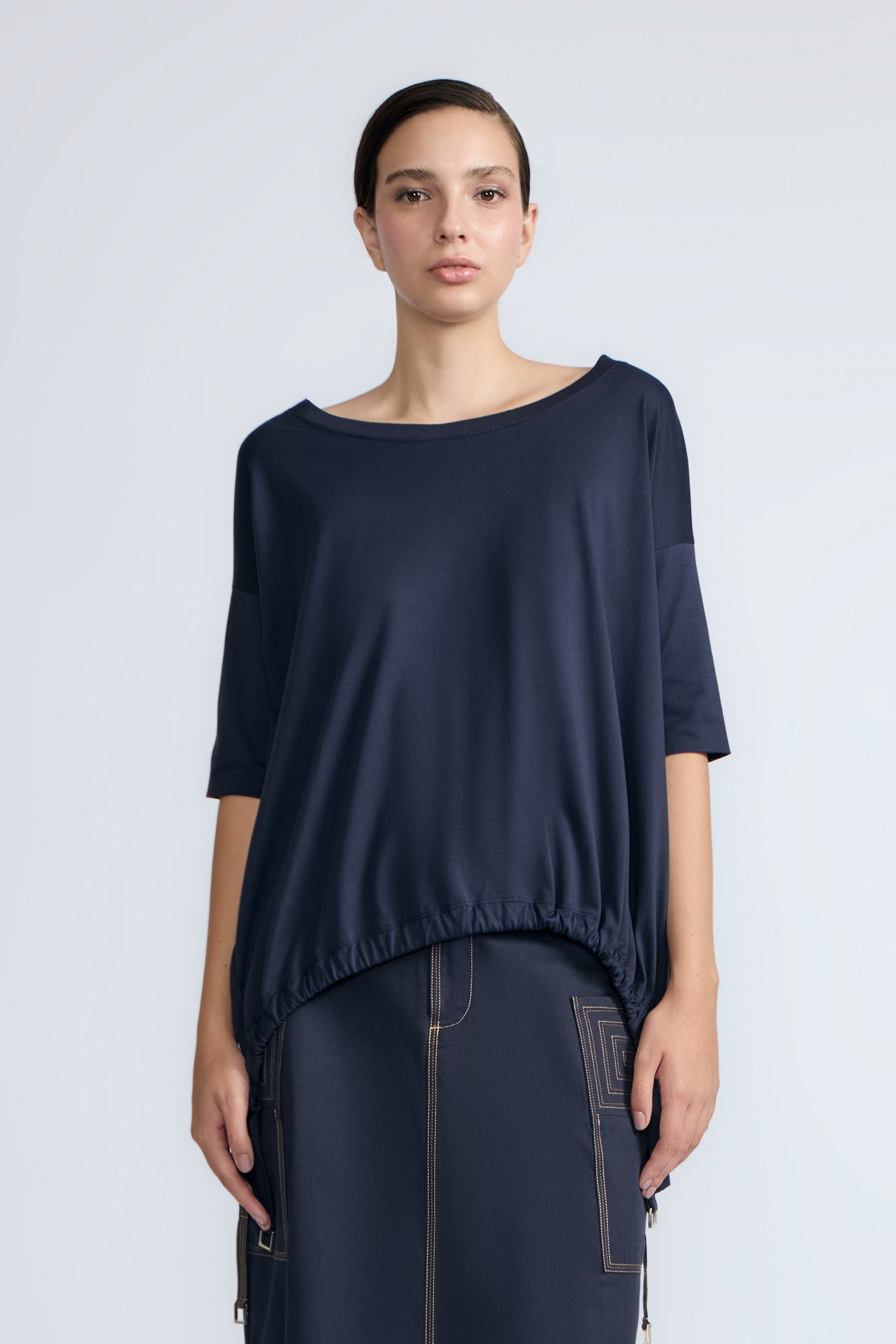 Amaya Asymmetric Cotton Top | Navy