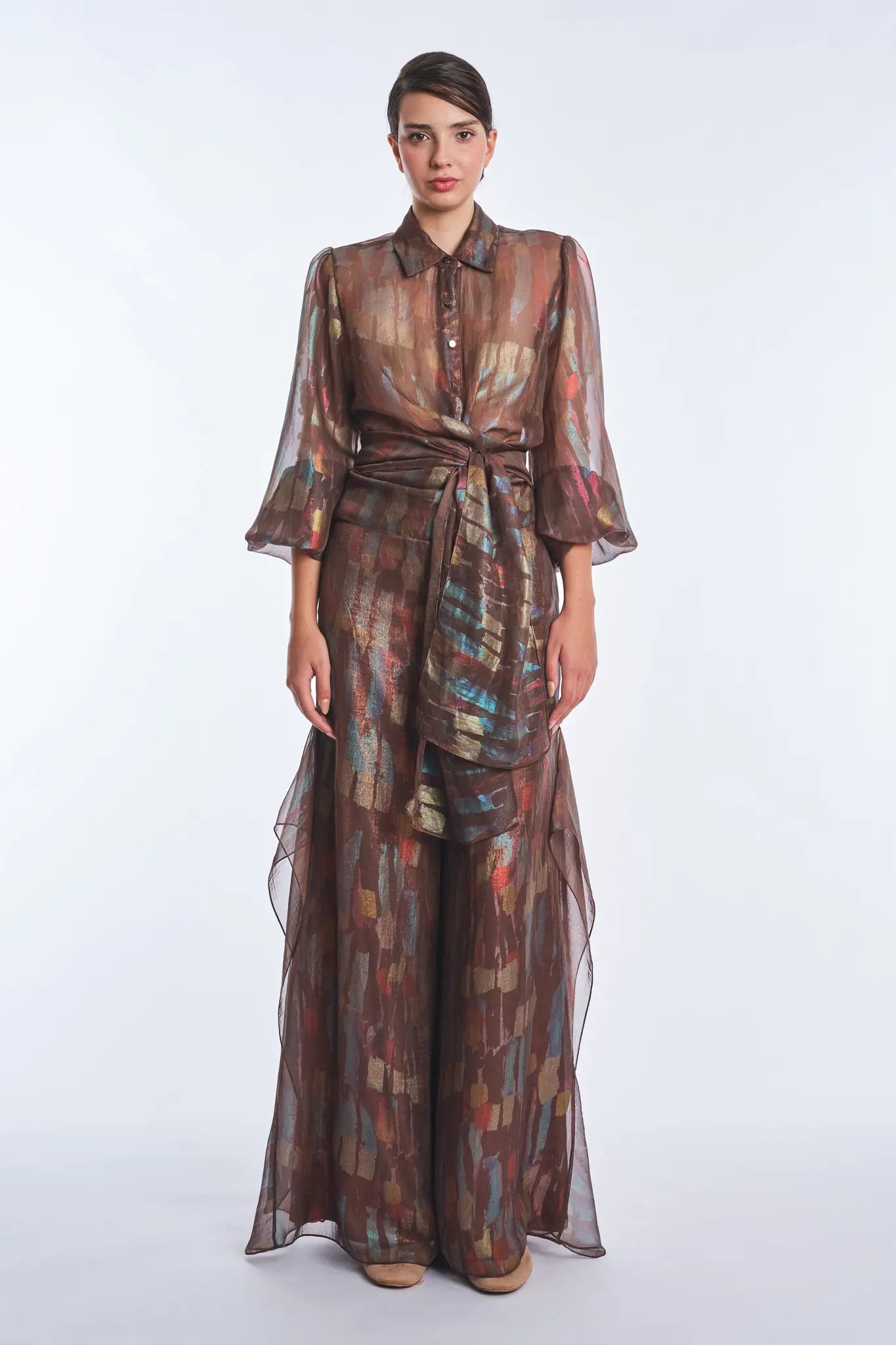 Anabeli Sheer Blouse with Voluminous Sleeves | Print Brown