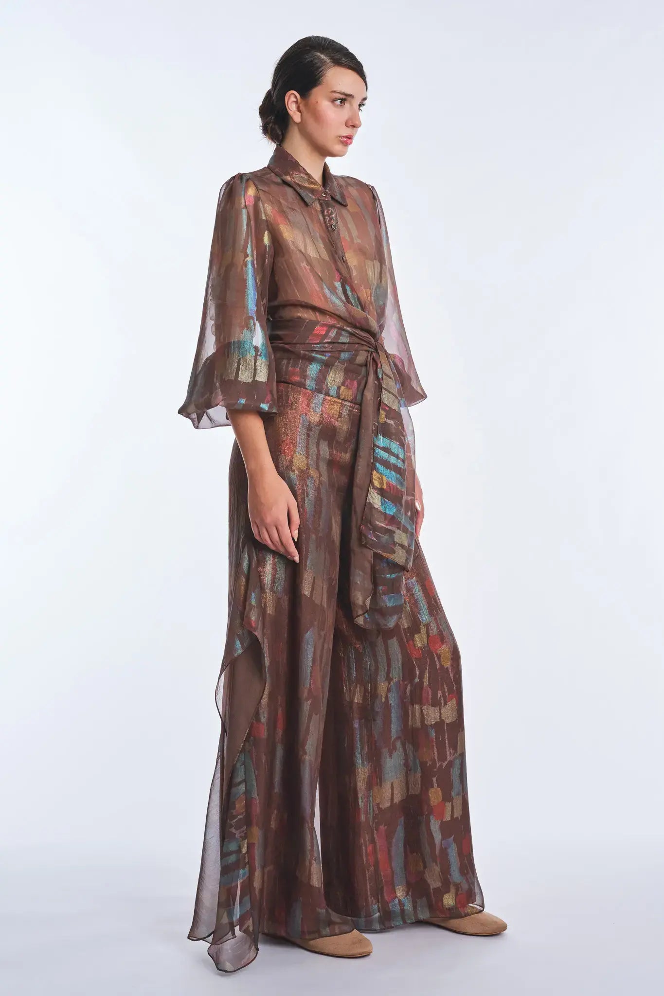 Anabeli Sheer Blouse with Voluminous Sleeves | Print Brown
