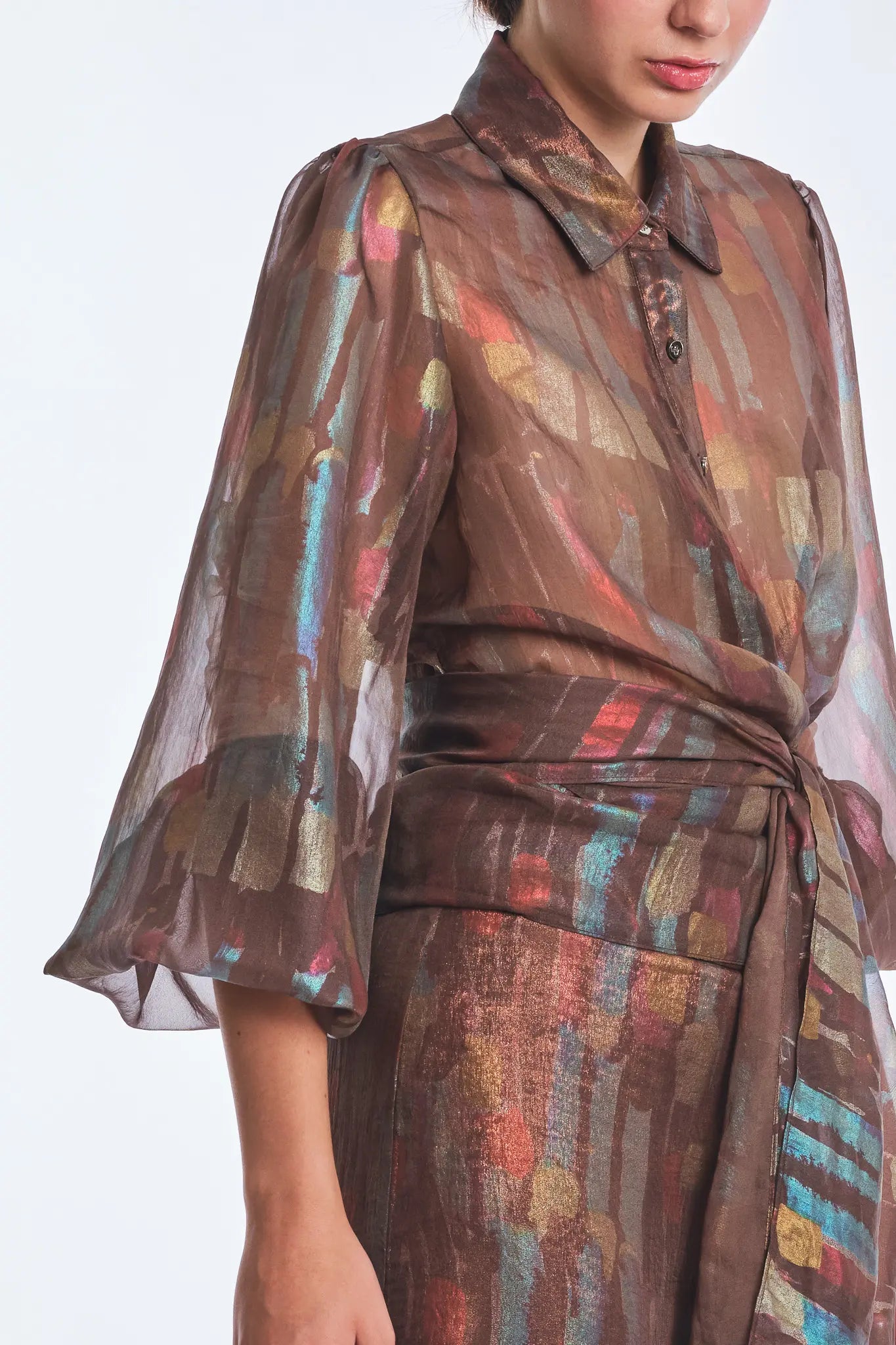 Anabeli Sheer Blouse with Voluminous Sleeves | Print Brown