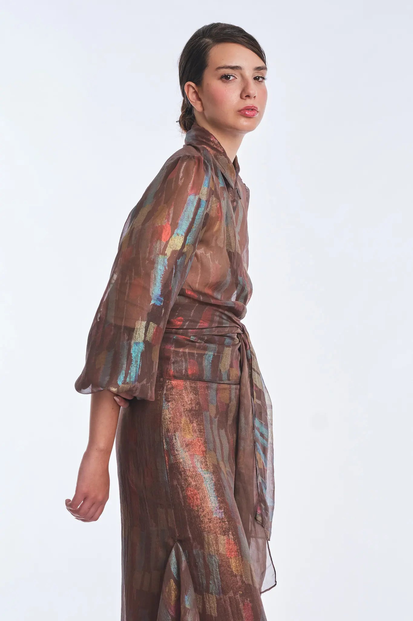 Anabeli Sheer Blouse with Voluminous Sleeves | Print Brown