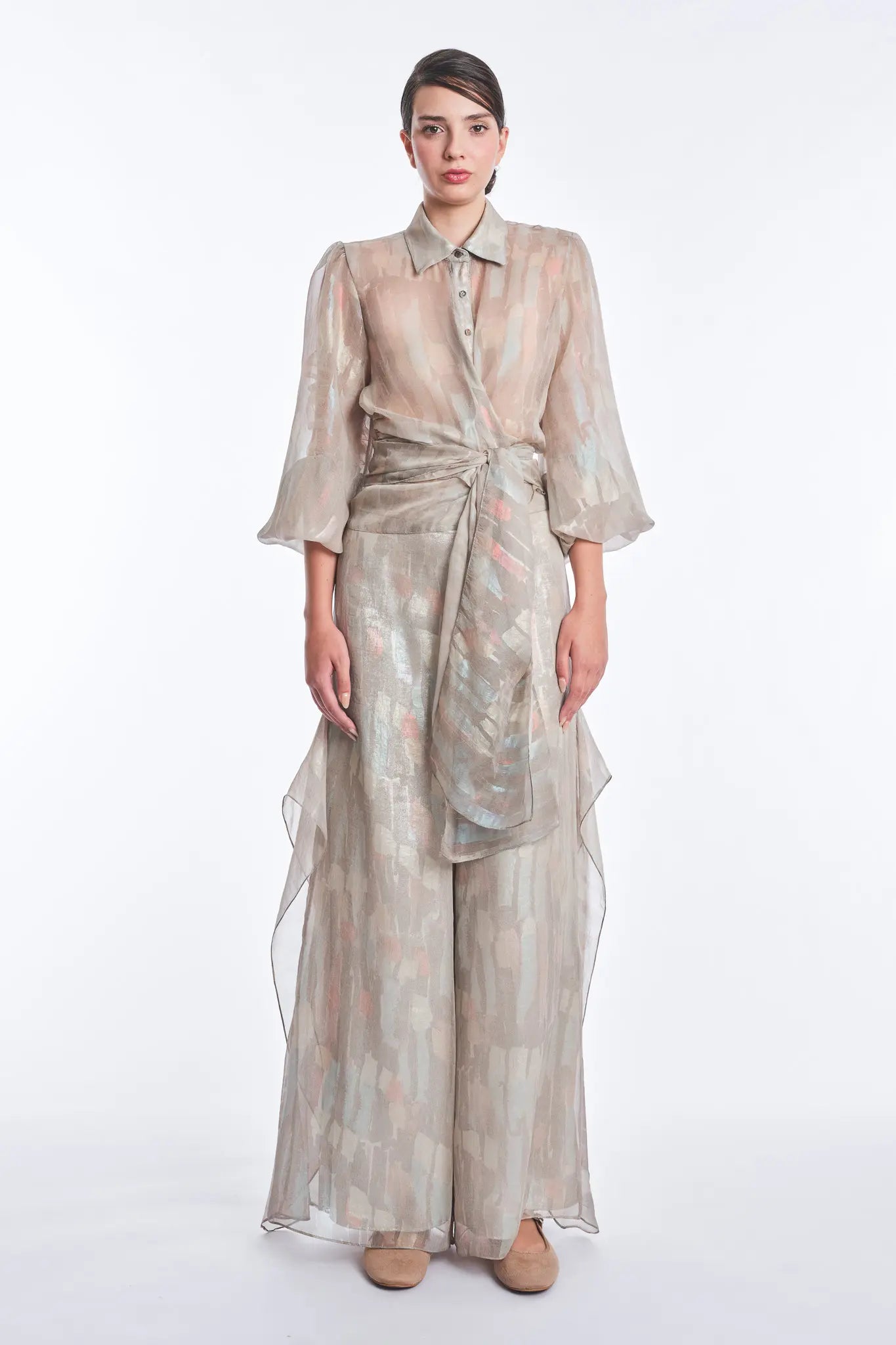 Anabeli Sheer Blouse with Voluminous Sleeves | Print Sand