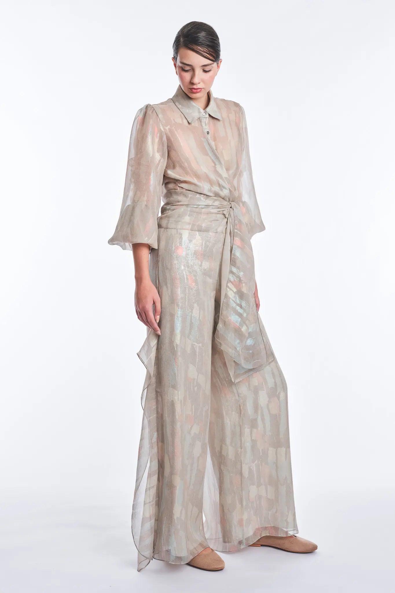 Anabeli Sheer Blouse with Voluminous Sleeves | Print Sand