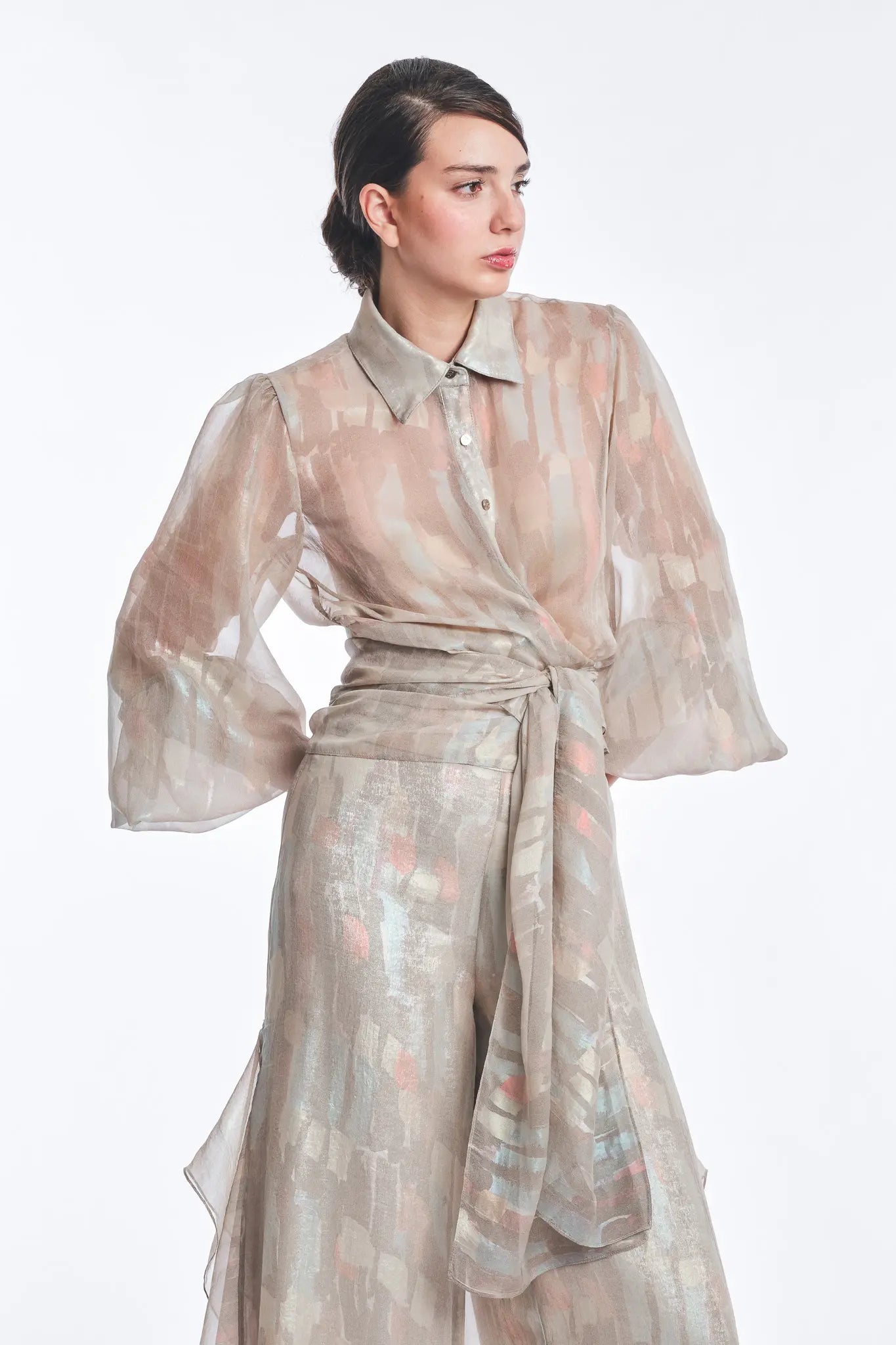 Anabeli Sheer Blouse with Voluminous Sleeves | Print Sand