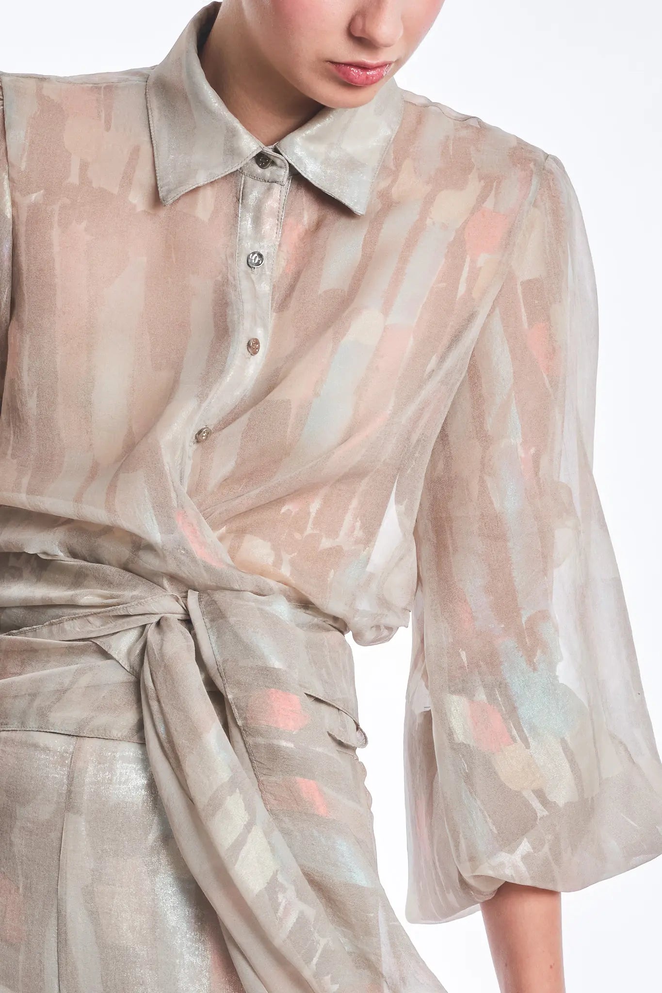 Anabeli Sheer Blouse with Voluminous Sleeves | Print Sand