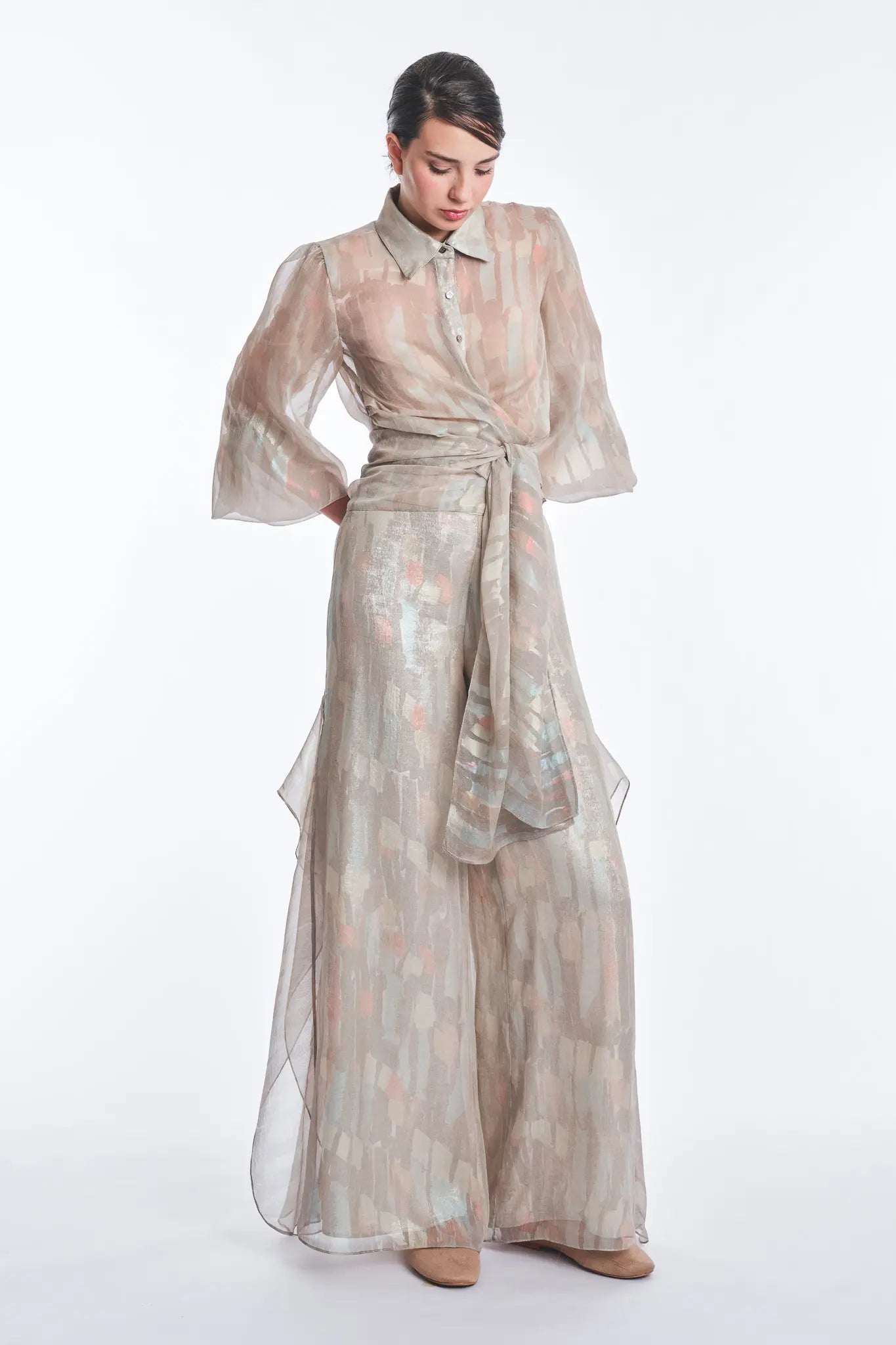 Anabeli Sheer Blouse with Voluminous Sleeves | Print Sand