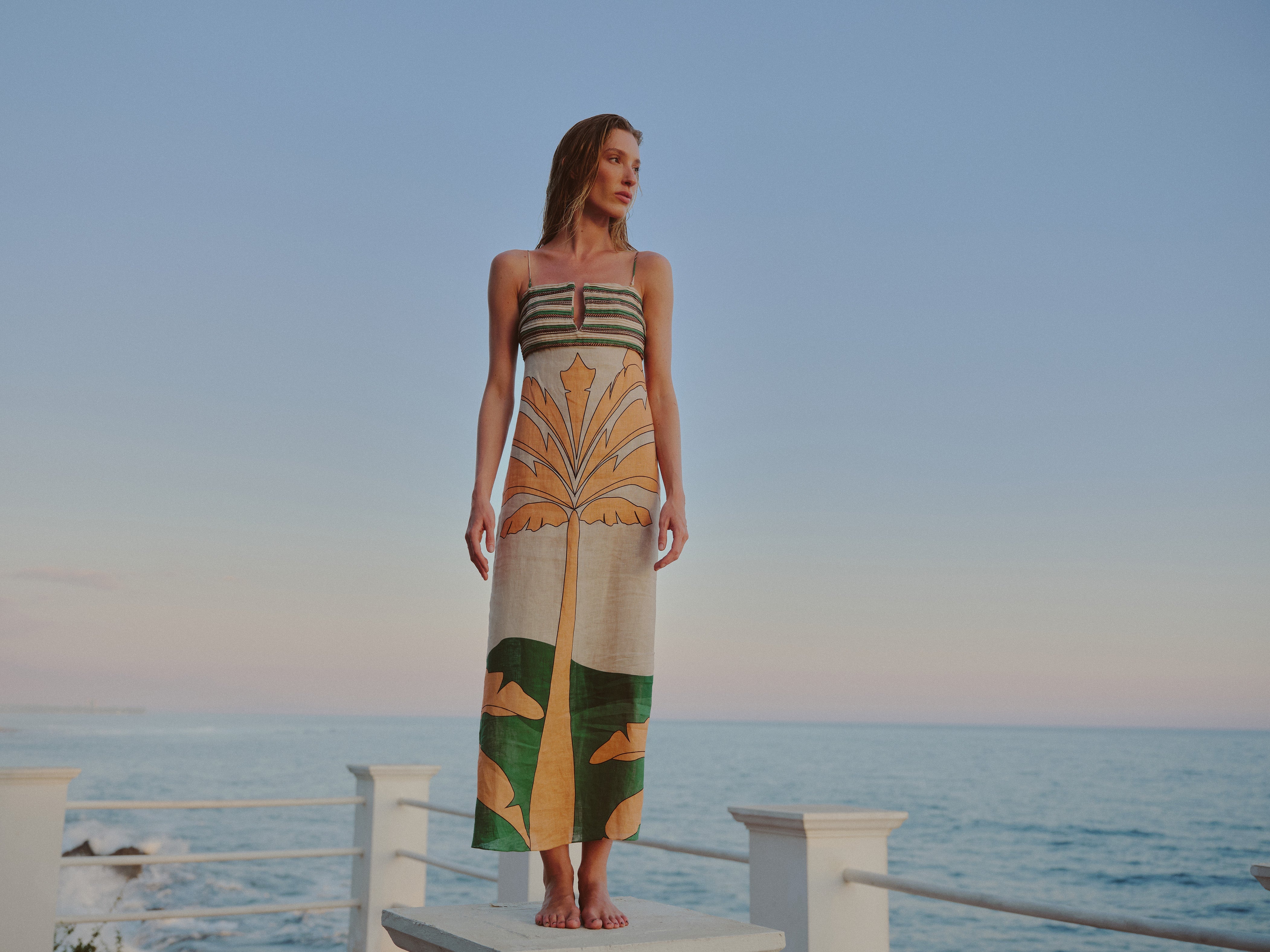 Antigua Linen Midi Dress / Peach Palms
