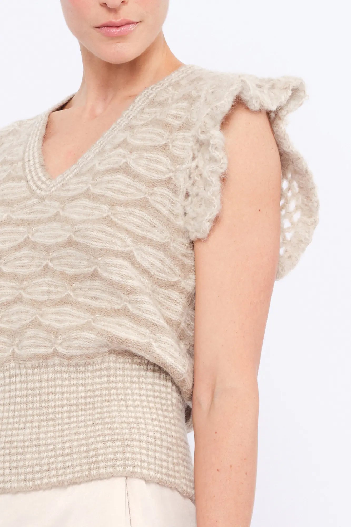 Beca Crochet Sleeve Alpaca Vest | Beige Melange